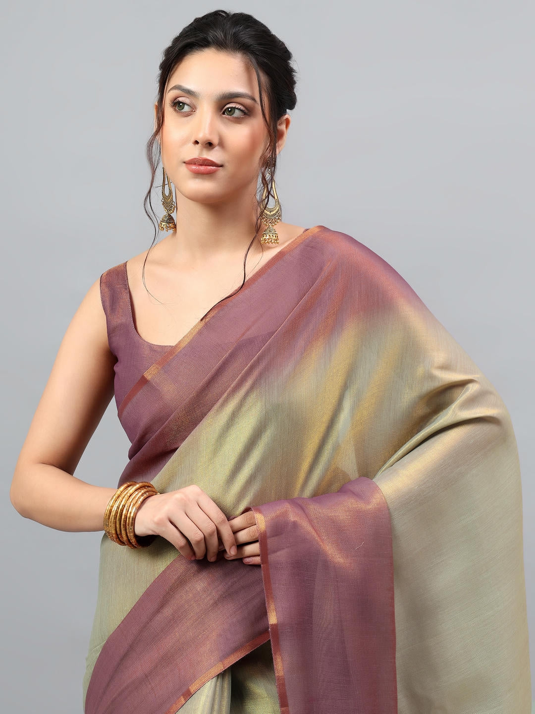 Samantha Rusty Beige Ombre Ready To Wear One Minute Polyester Erode Zari Saree With Pre Stitched Pleats And Unstitched Blouse Piece For Women Party Wear