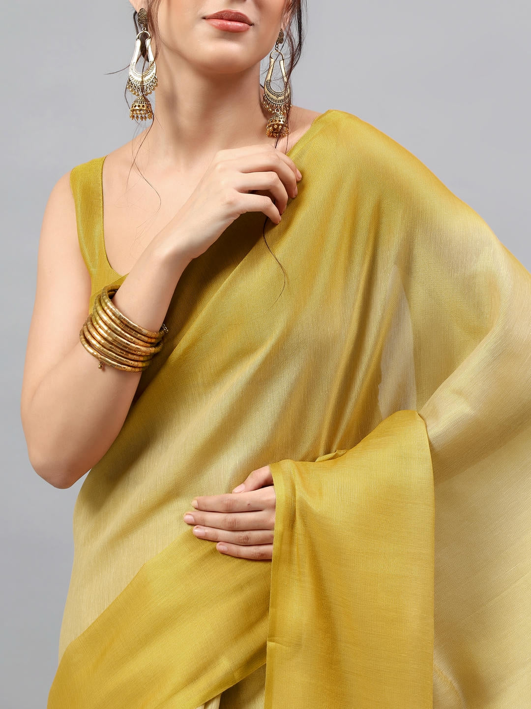 Samantha Gold Ombre Ready To Wear One Minute Polyester Erode Zari Saree With Pre Stitched Pleats And Unstitched Blouse Piece For Women Party Wear
