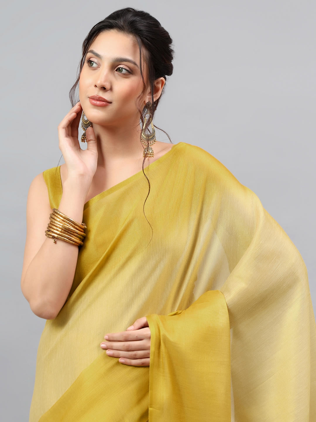 Samantha Gold Ombre Ready To Wear One Minute Polyester Erode Zari Saree With Pre Stitched Pleats And Unstitched Blouse Piece For Women Party Wear