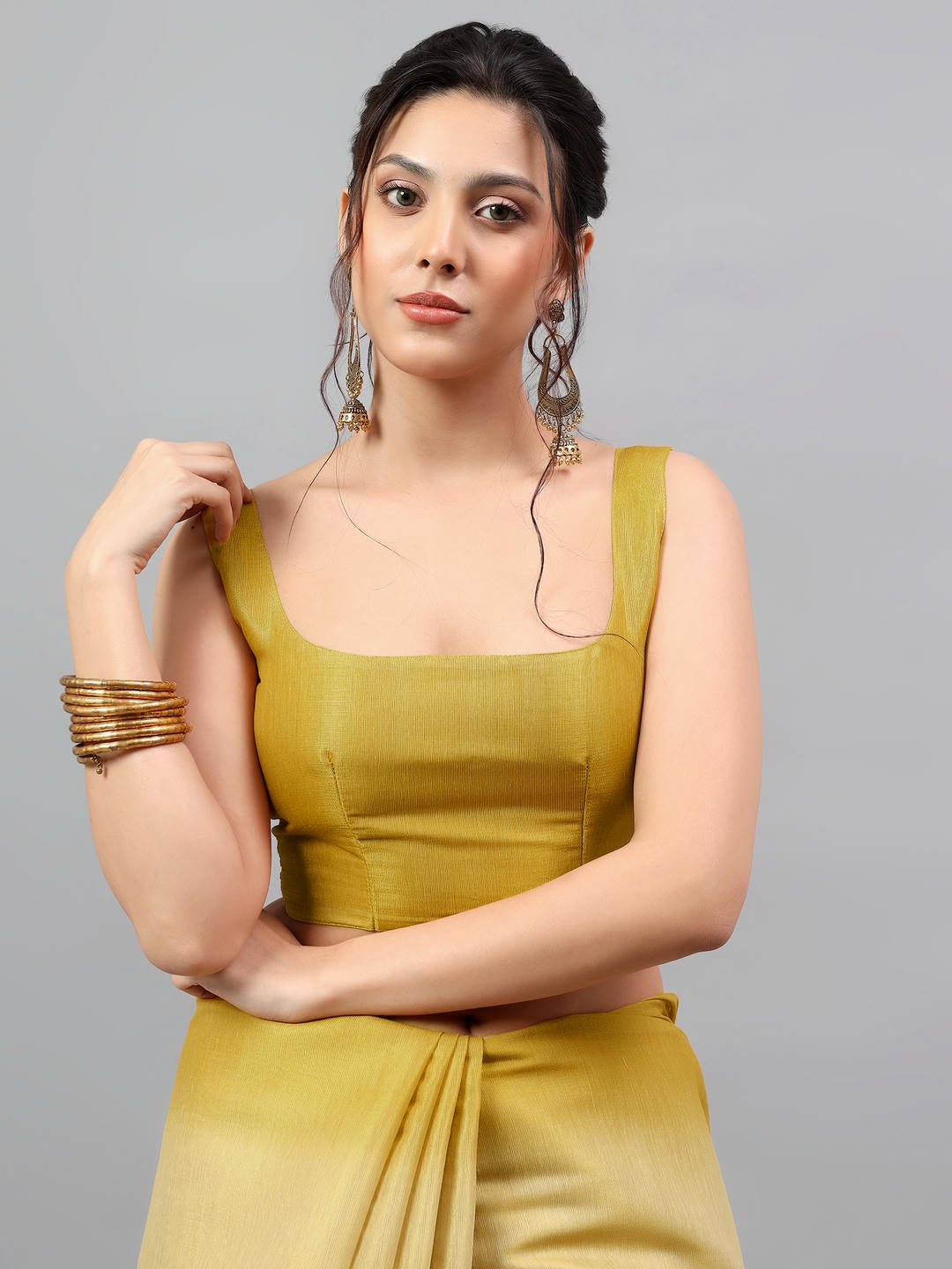 Samantha Gold Ombre Ready To Wear One Minute Polyester Erode Zari Saree With Pre Stitched Pleats And Unstitched Blouse Piece For Women Party Wear