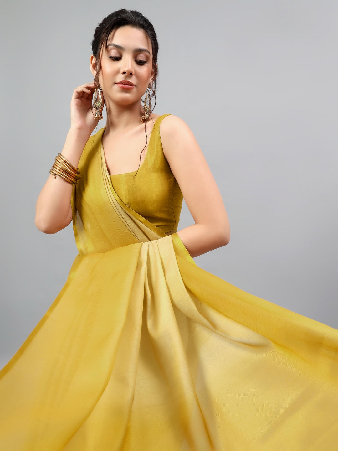 Samantha Gold Ombre Ready To Wear One Minute Polyester Erode Zari Saree With Pre Stitched Pleats And Unstitched Blouse Piece For Women Party Wear