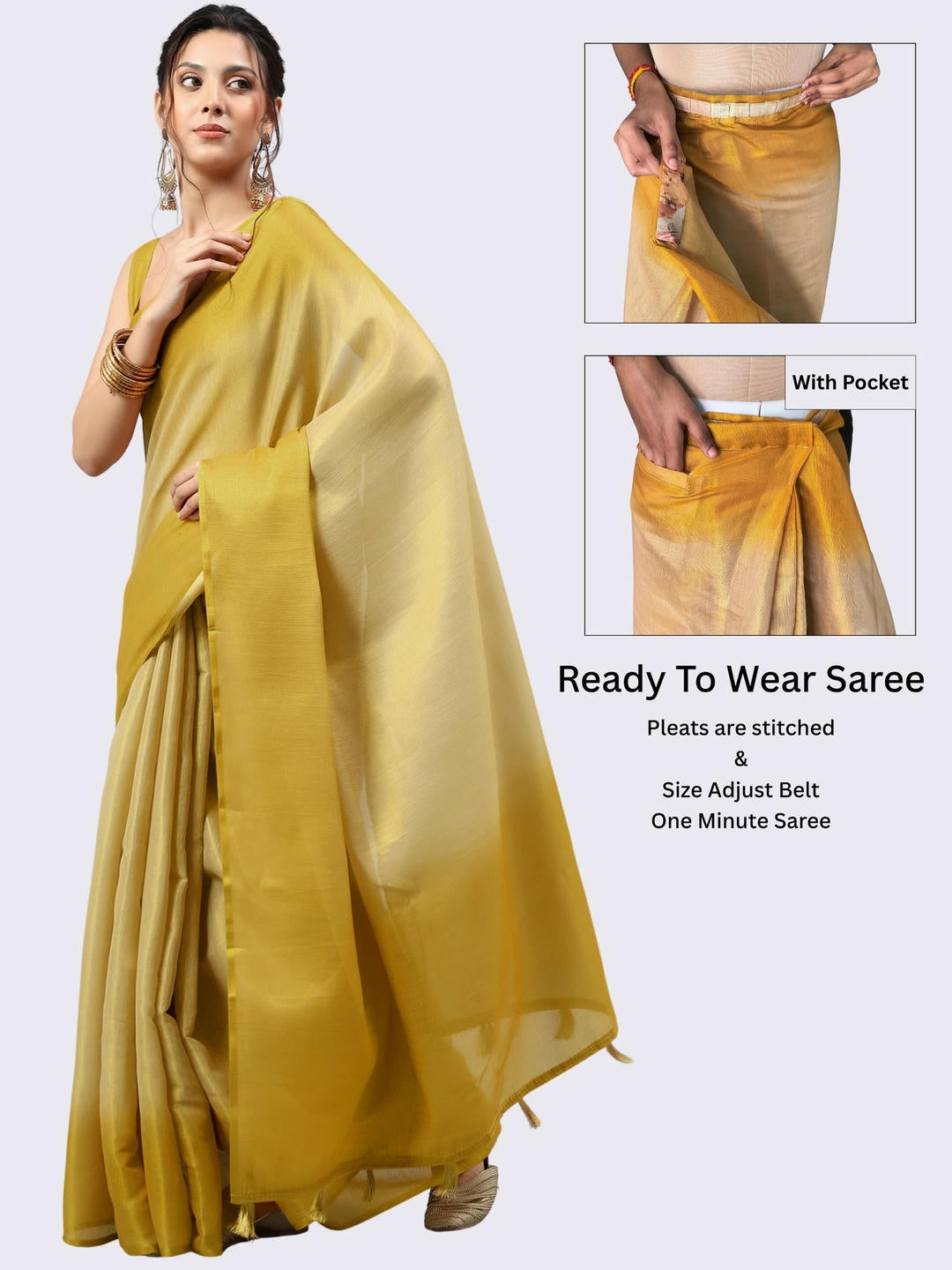 Beautiful woman styled in a shimmering metallic gold ombre ready-to-wear one-minute polyester erode zari saree featuring pre-stitched pleats and a matching solid blouse by Samantha.