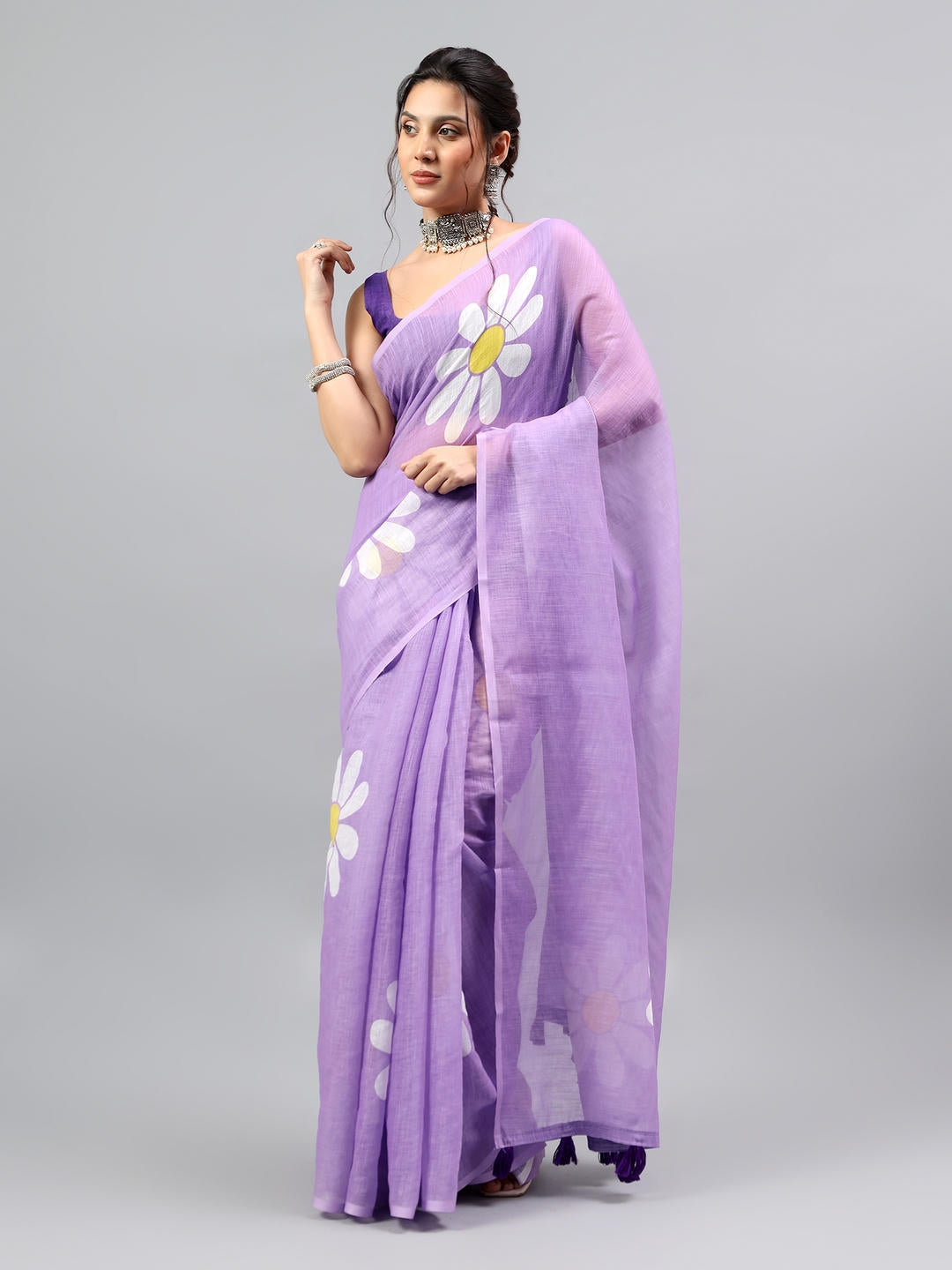 Samantha Purple Ready To Wear One Minute Linen Fabric Saree With Pre Stitched Pleats And Unstitched Blouse Piece Featuring Silver Zari Border For Women Ethnic Wear