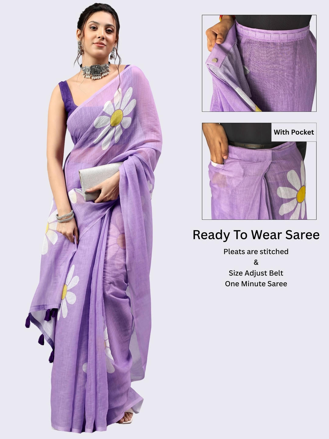 Beautiful woman styled in a rich deep purple ready-to-wear one-minute linen saree featuring pre-stitched pleats, a heavy silver zari border, and a matching purple blouse by Samantha.