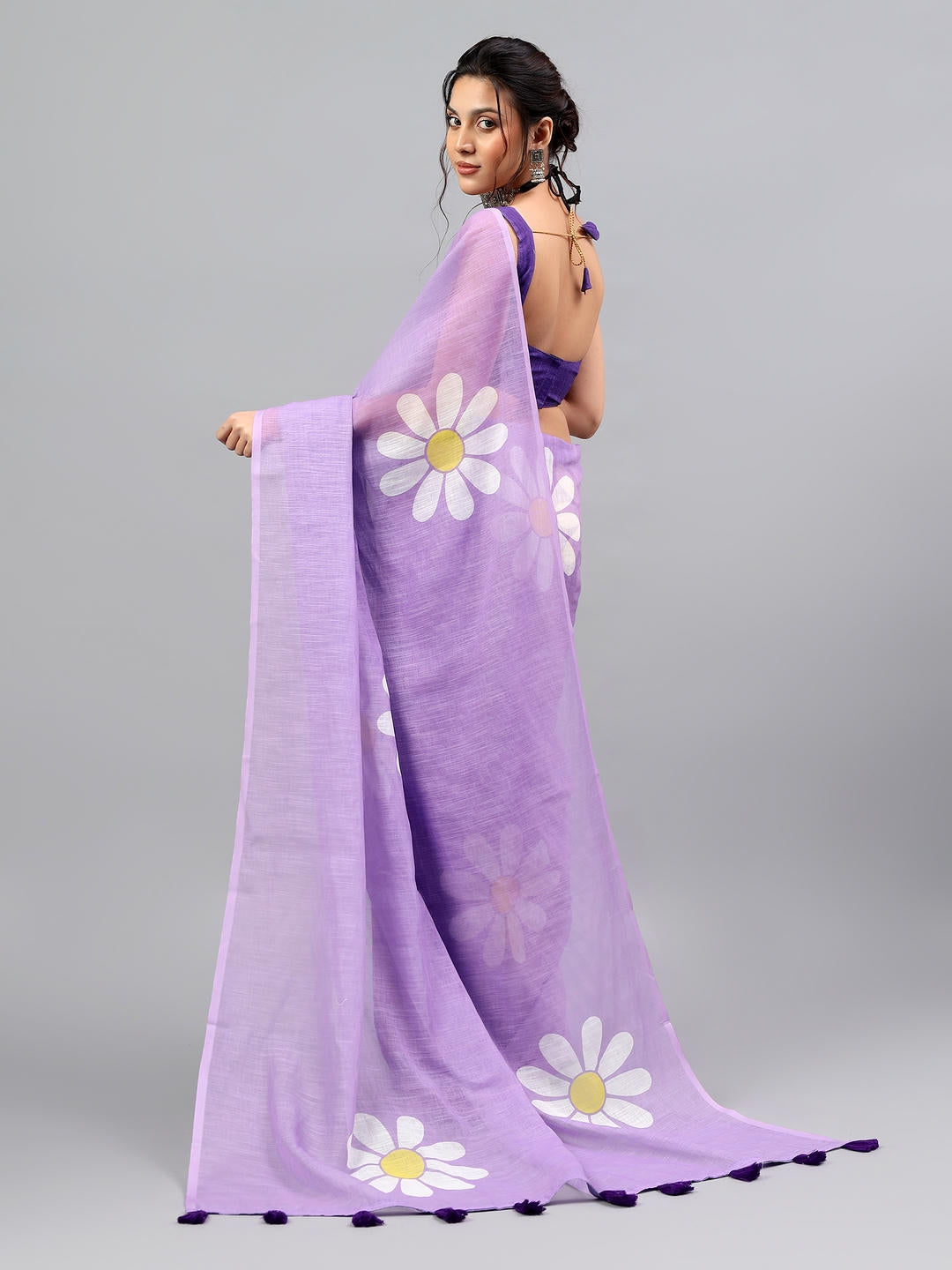 Samantha Purple Ready To Wear One Minute Linen Fabric Saree With Pre Stitched Pleats And Unstitched Blouse Piece Featuring Silver Zari Border For Women Ethnic Wear