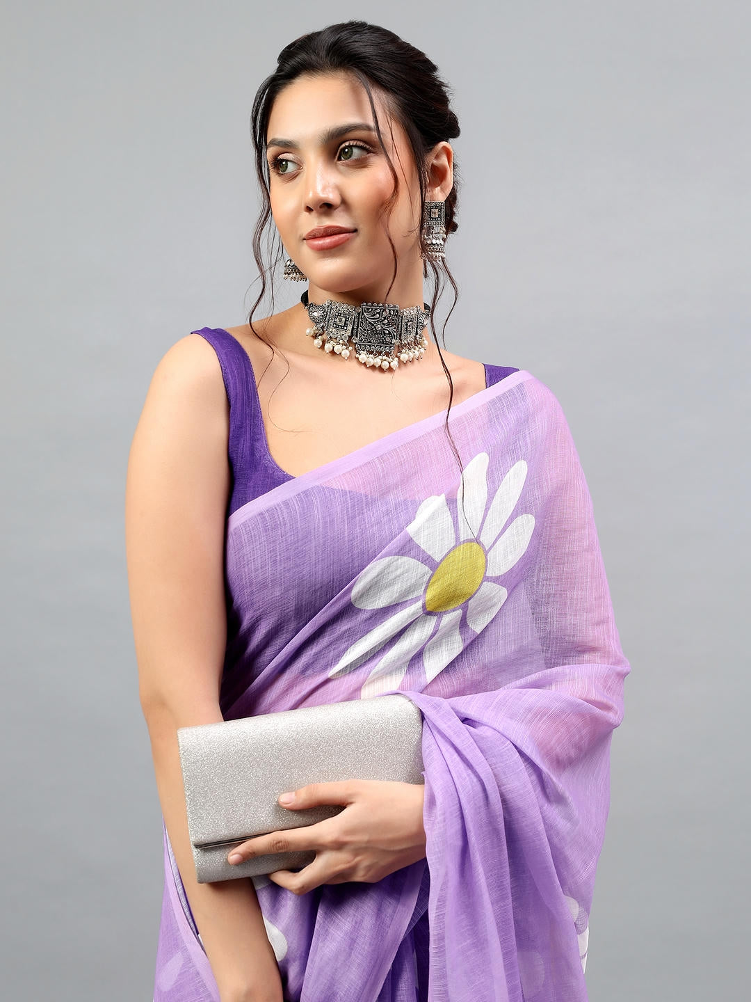 Samantha Purple Ready To Wear One Minute Linen Fabric Saree With Pre Stitched Pleats And Unstitched Blouse Piece Featuring Silver Zari Border For Women Ethnic Wear