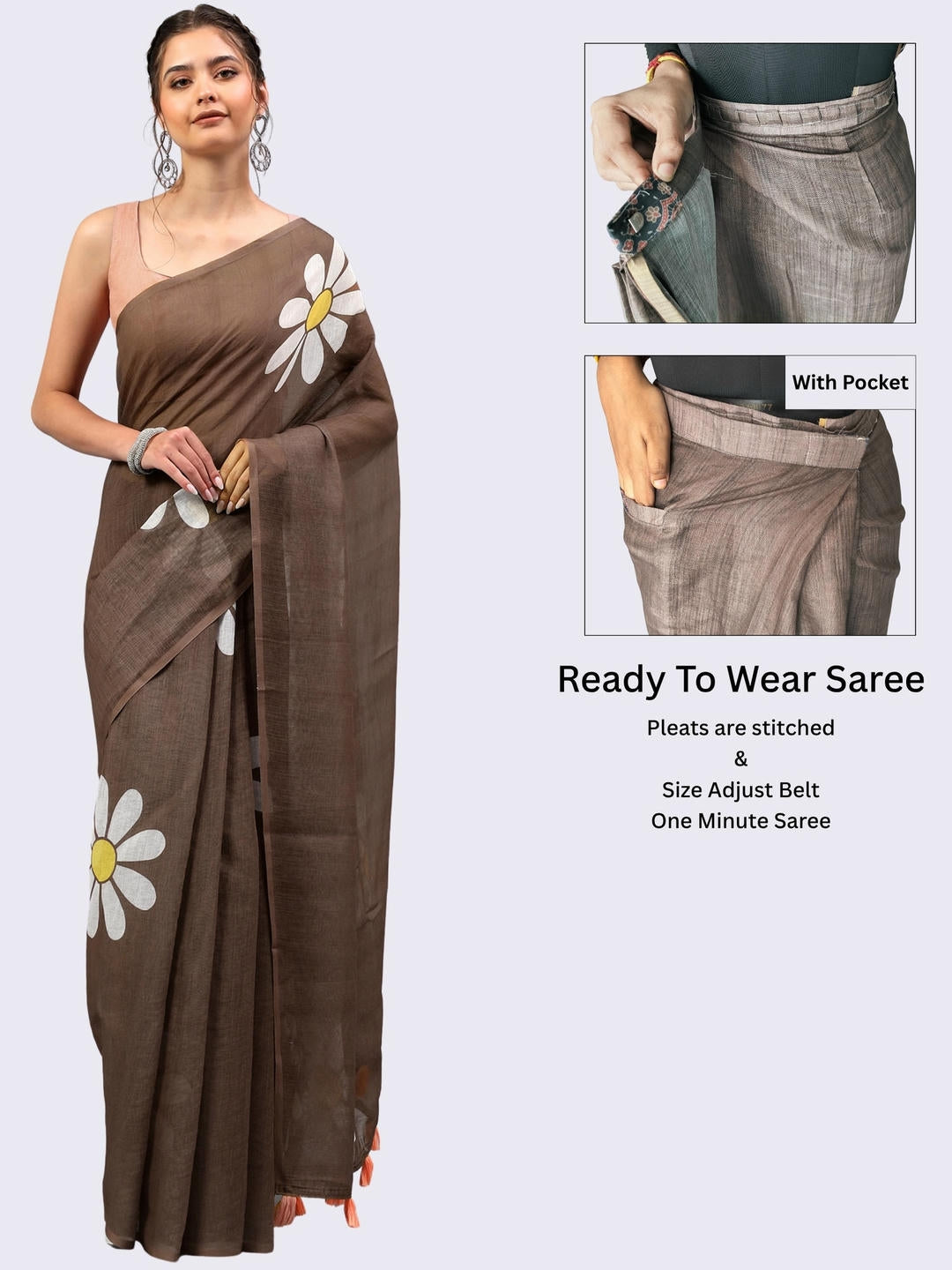 Beautiful woman styled in a rich dark brown ready-to-wear one-minute linen saree featuring pre-stitched pleats, a heavy silver zari border, and a matching brown blouse by Samantha.