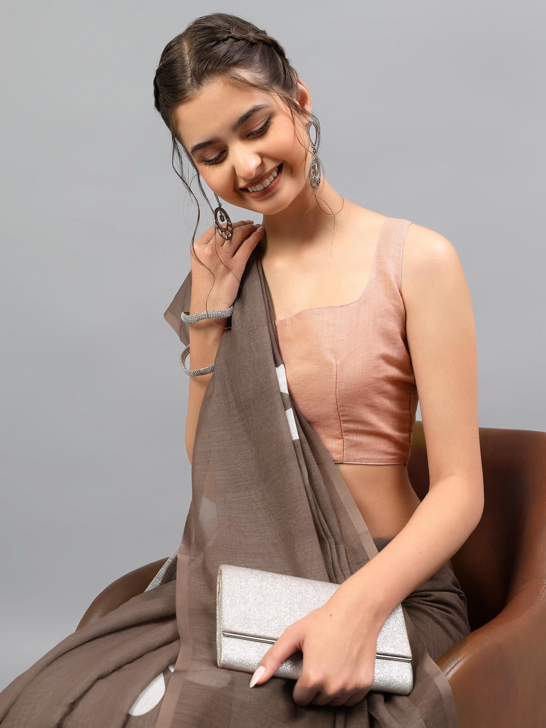 Samantha Brown Ready To Wear One Minute Linen Fabric Saree With Pre Stitched Pleats And Unstitched Blouse Piece Featuring Silver Zari Border For Women Ethnic Wear