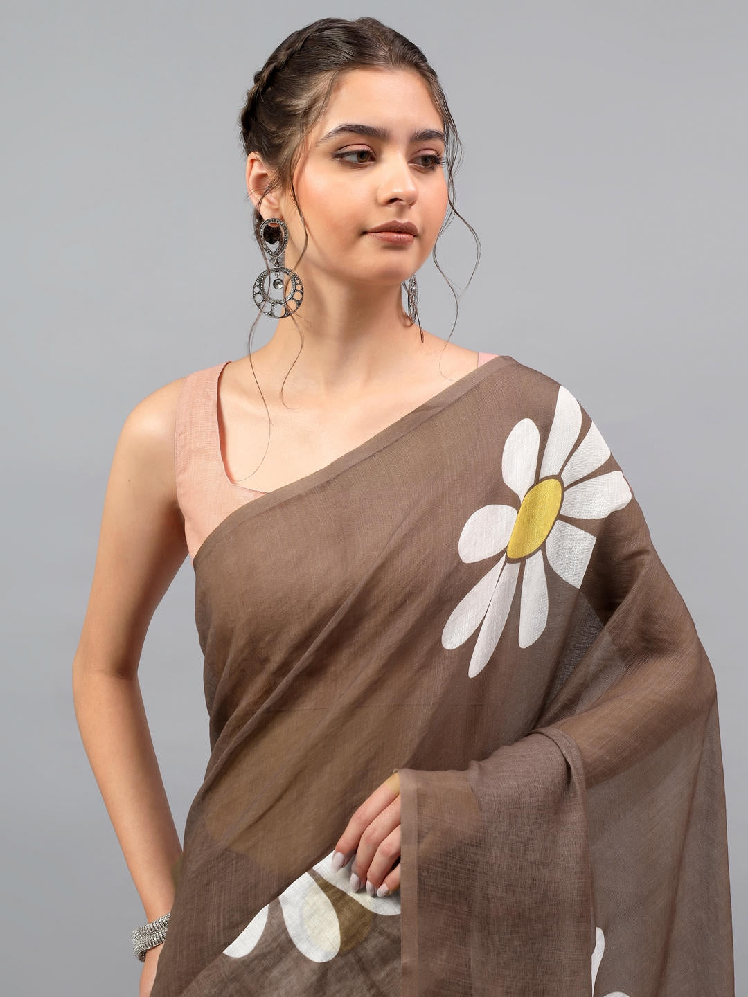 Samantha Brown Ready To Wear One Minute Linen Fabric Saree With Pre Stitched Pleats And Unstitched Blouse Piece Featuring Silver Zari Border For Women Ethnic Wear