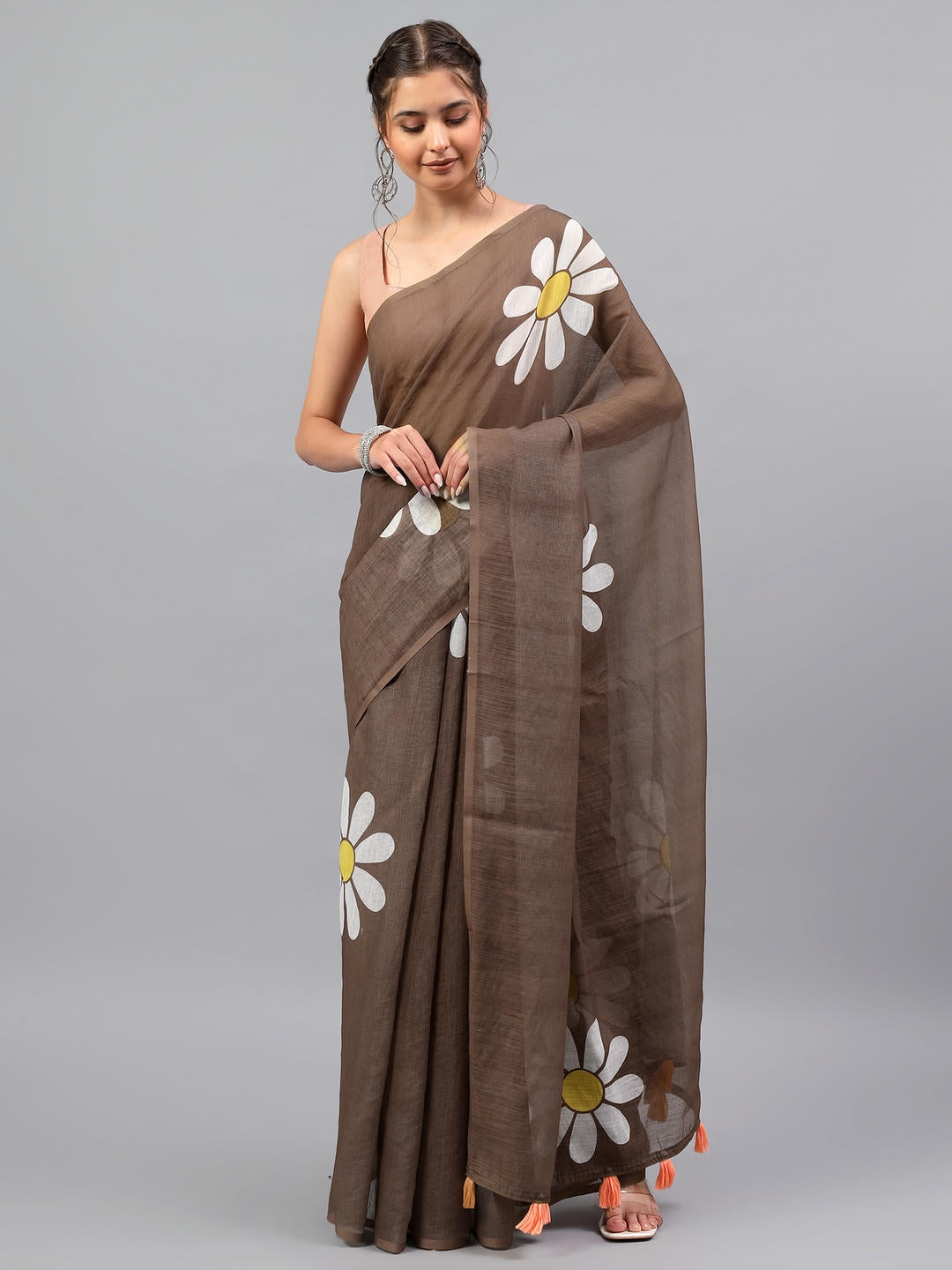 Samantha Brown Ready To Wear One Minute Linen Fabric Saree With Pre Stitched Pleats And Unstitched Blouse Piece Featuring Silver Zari Border For Women Ethnic Wear