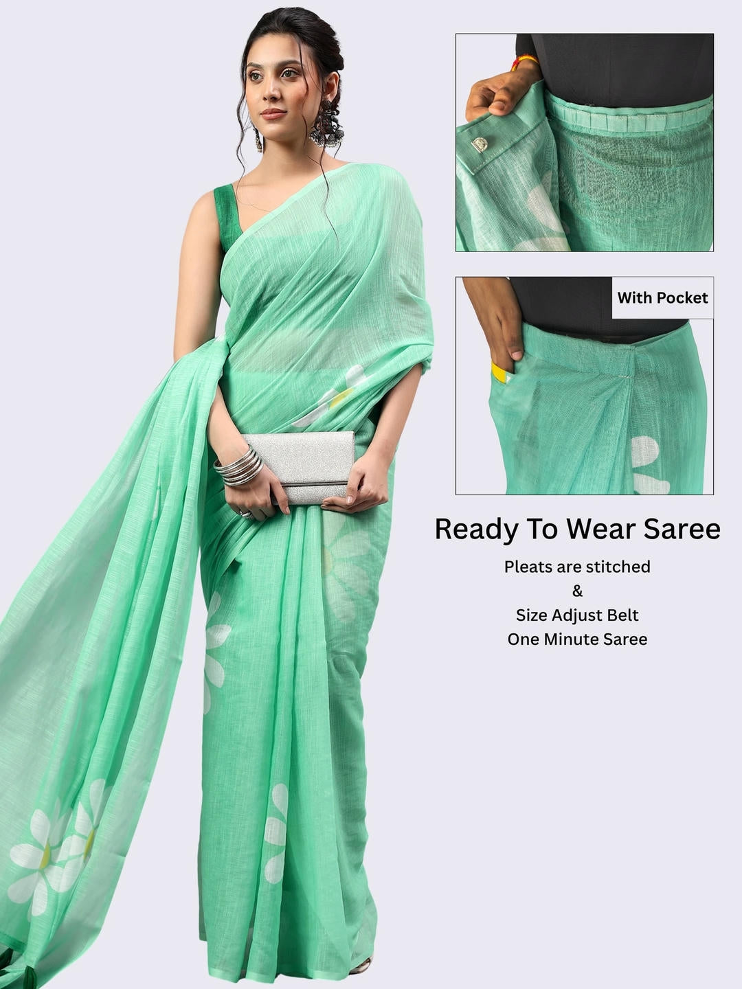 Beautiful woman styled in a vibrant sea green ready-to-wear one-minute linen saree featuring pre-stitched pleats, a heavy silver zari border, and a matching green blouse by Samantha.