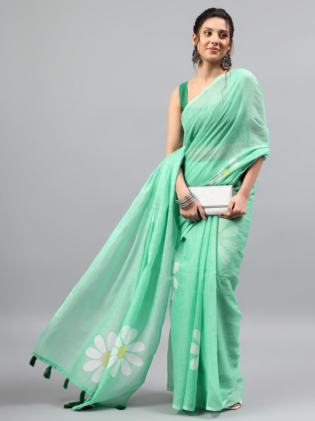 Samantha Sea Green Ready To Wear One Minute Linen Fabric Saree With Pre Stitched Pleats And Unstitched Blouse Piece Featuring Silver Zari Border For Women Ethnic Wear