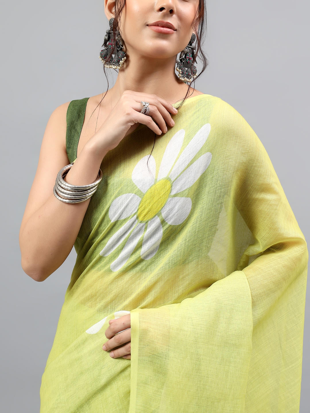 Samantha Lemon Green Ready To Wear One Minute Linen Fabric Saree With Pre Stitched Pleats And Unstitched Blouse Piece Featuring Silver Zari Border For Women Ethnic Wear