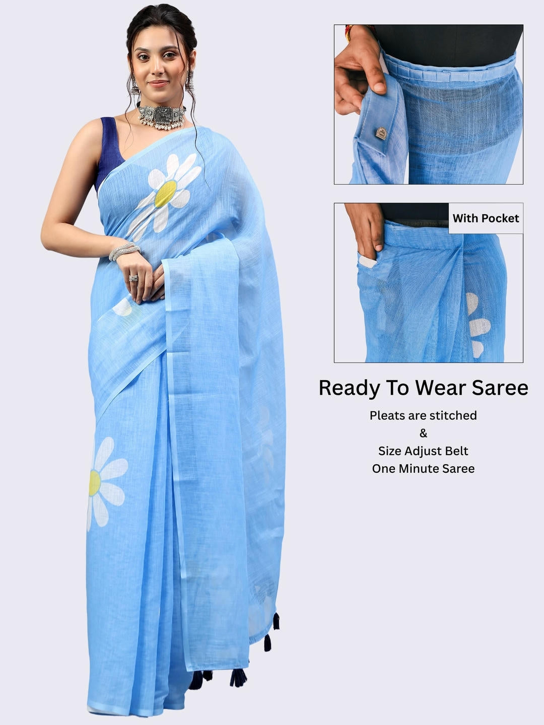 Beautiful woman styled in a rich deep blue ready-to-wear one-minute linen saree featuring pre-stitched pleats, a heavy silver zari border, and a matching blue blouse by Samantha.