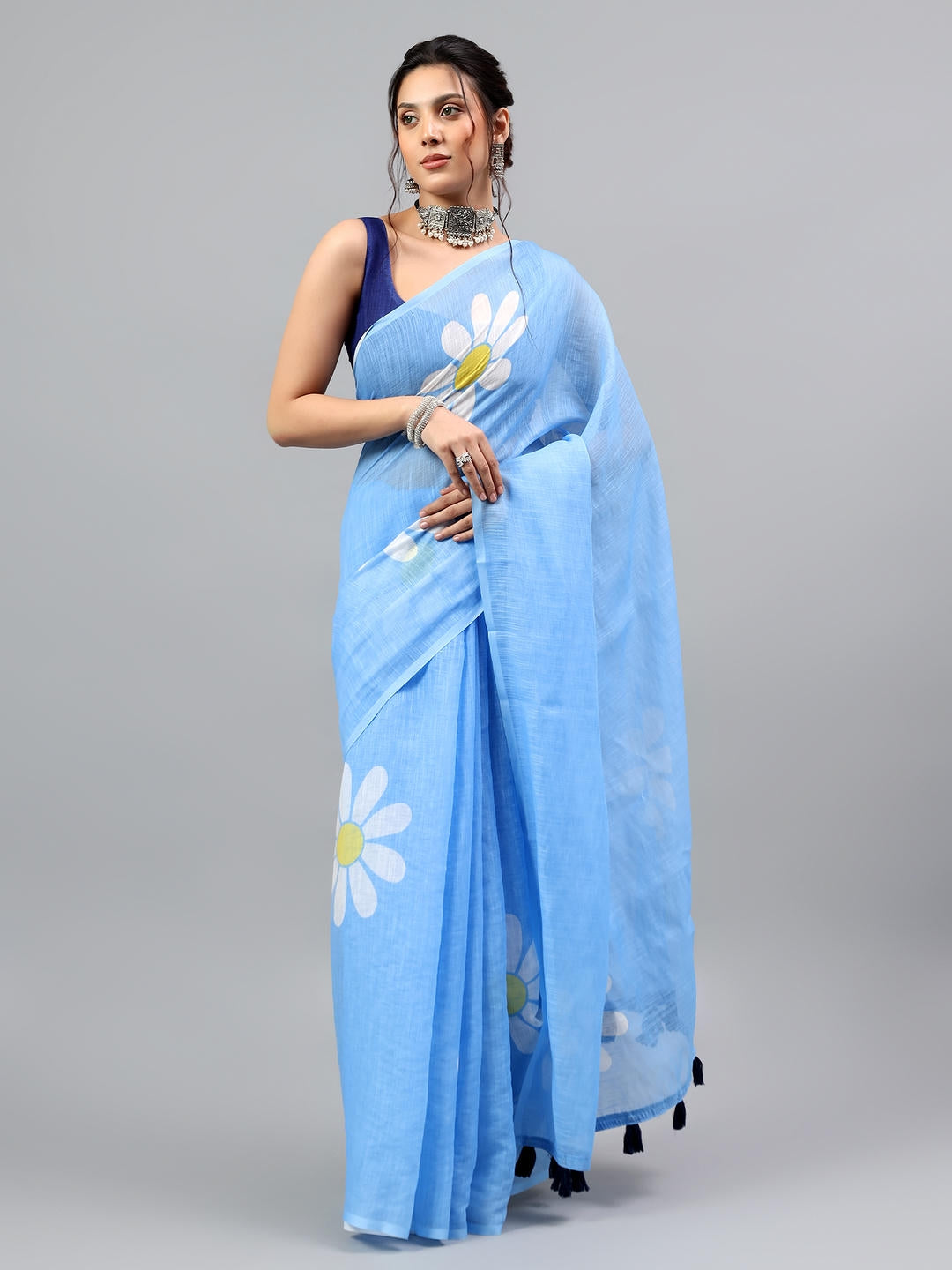 Samantha Deep Blue Ready To Wear One Minute Linen Fabric Saree With Pre Stitched Pleats And Unstitched Blouse Piece Featuring Silver Zari Border For Women Ethnic Wear