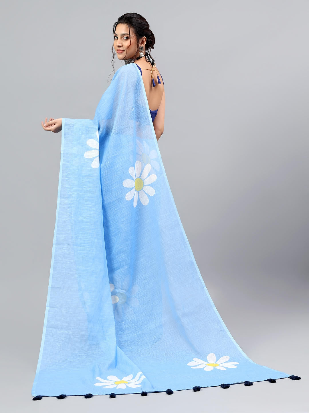 Samantha Deep Blue Ready To Wear One Minute Linen Fabric Saree With Pre Stitched Pleats And Unstitched Blouse Piece Featuring Silver Zari Border For Women Ethnic Wear