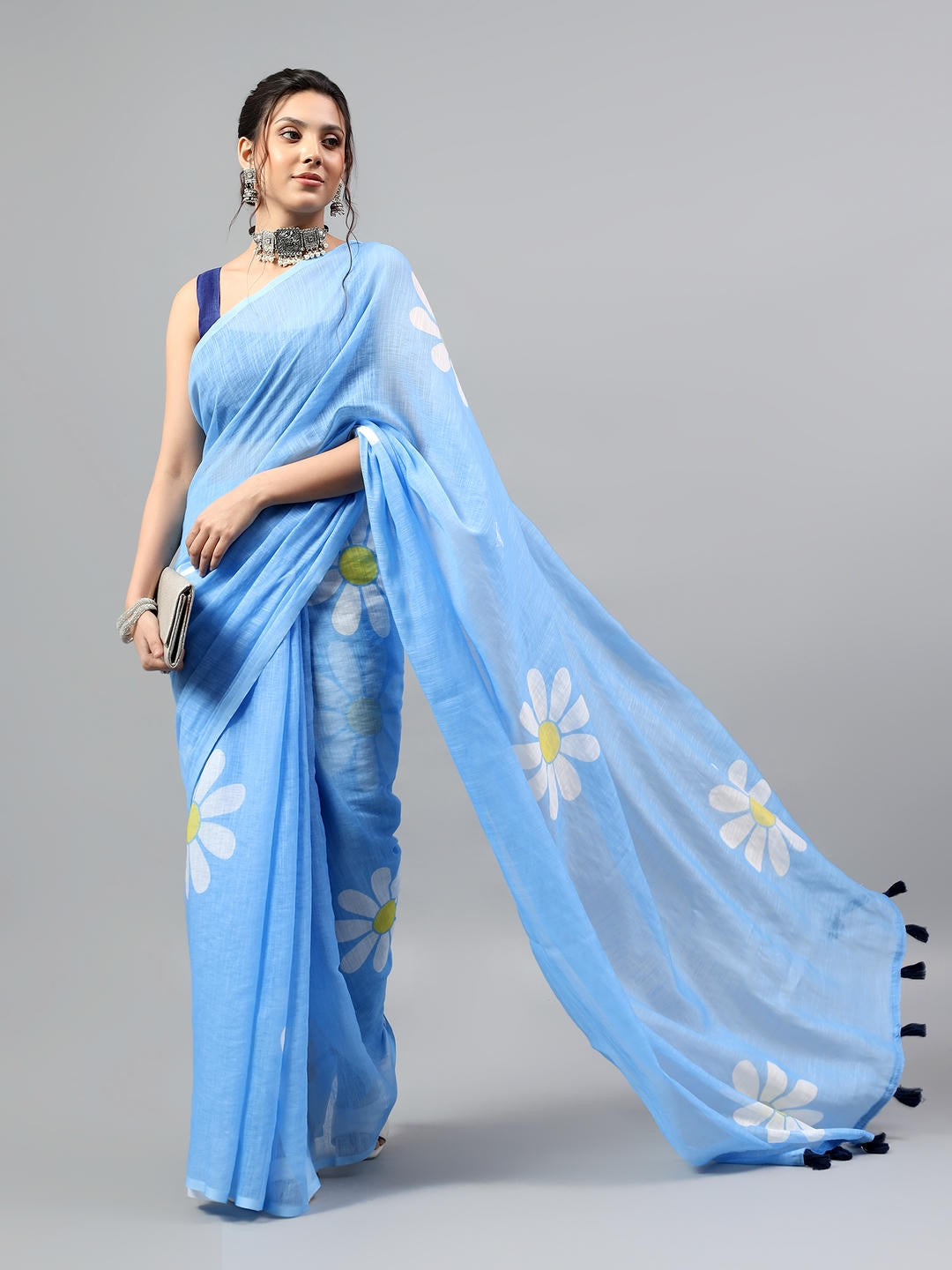 Samantha Deep Blue Ready To Wear One Minute Linen Fabric Saree With Pre Stitched Pleats And Unstitched Blouse Piece Featuring Silver Zari Border For Women Ethnic Wear