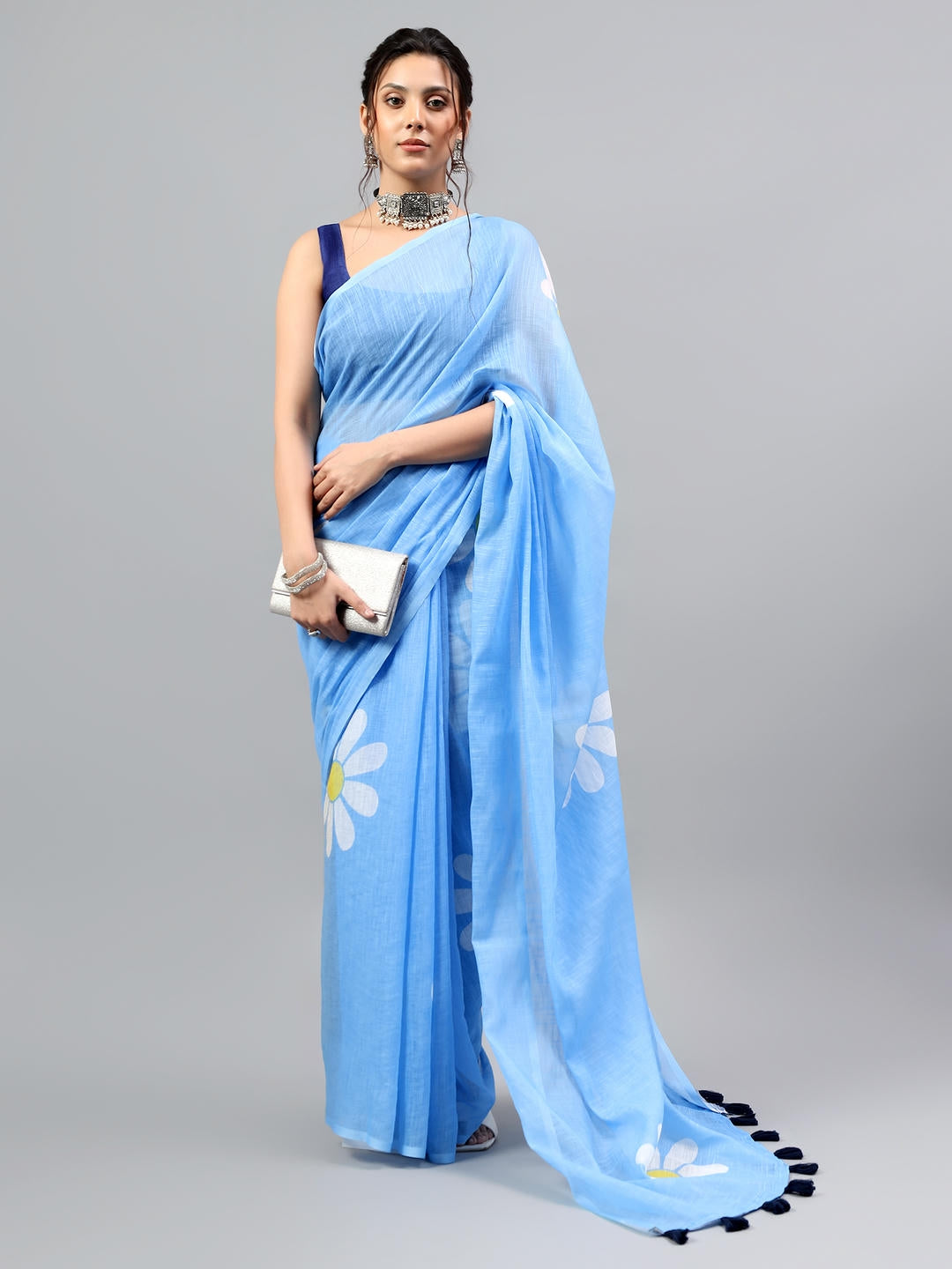 Samantha Deep Blue Ready To Wear One Minute Linen Fabric Saree With Pre Stitched Pleats And Unstitched Blouse Piece Featuring Silver Zari Border For Women Ethnic Wear