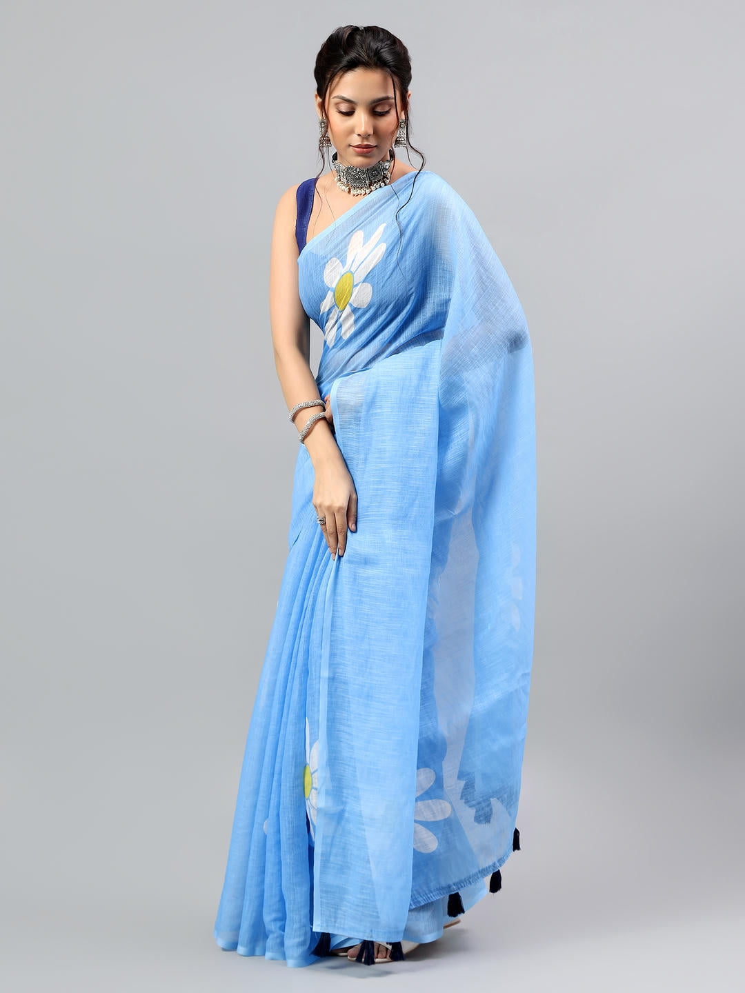 Samantha Deep Blue Ready To Wear One Minute Linen Fabric Saree With Pre Stitched Pleats And Unstitched Blouse Piece Featuring Silver Zari Border For Women Ethnic Wear