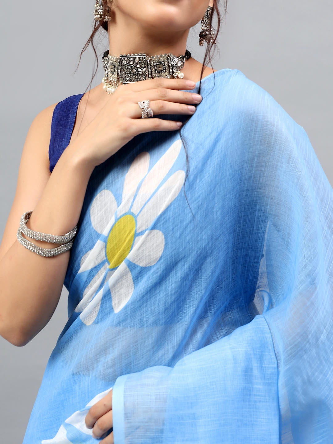 Samantha Deep Blue Ready To Wear One Minute Linen Fabric Saree With Pre Stitched Pleats And Unstitched Blouse Piece Featuring Silver Zari Border For Women Ethnic Wear
