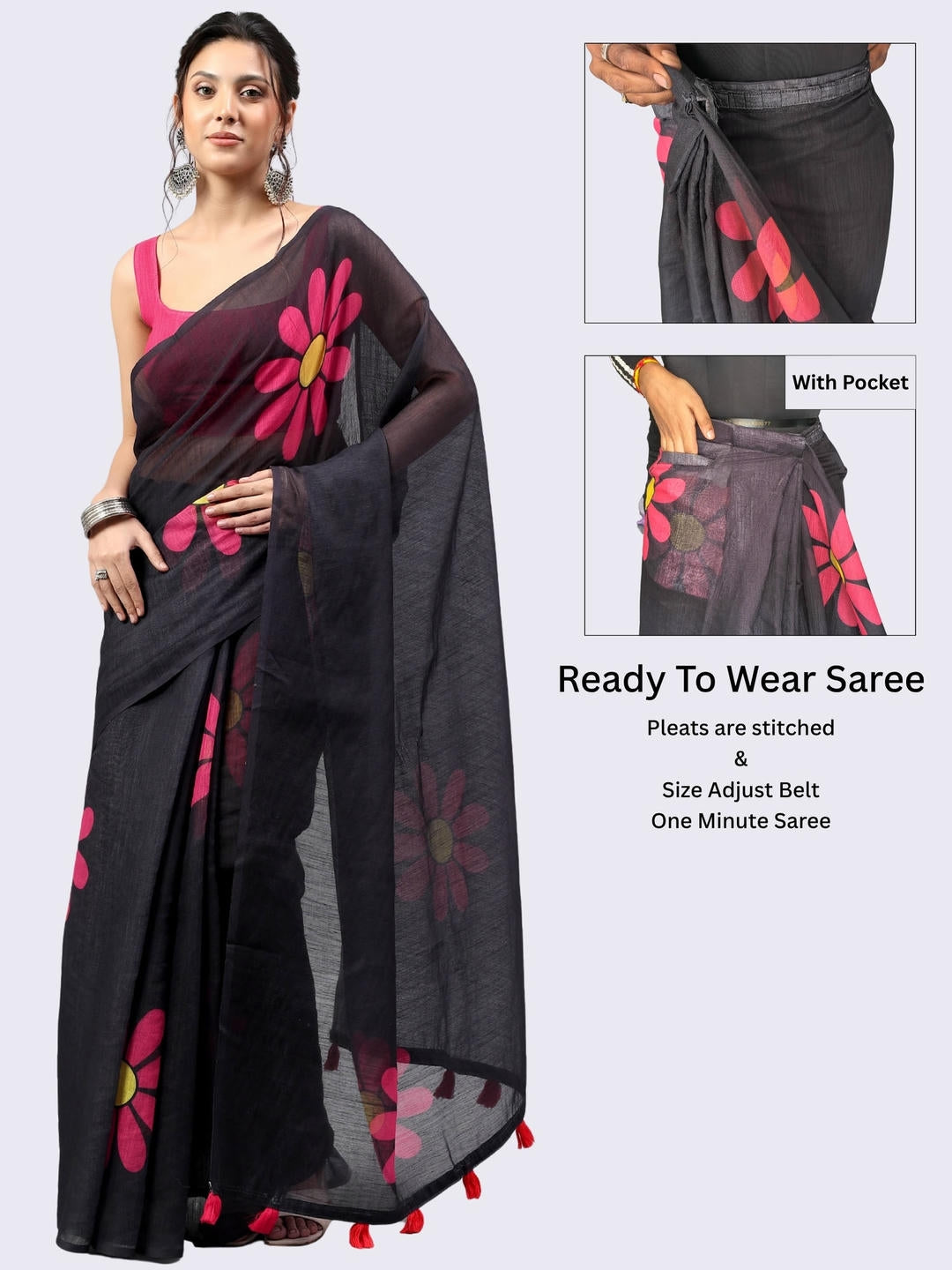 Beautiful woman styled in a bold jet black ready-to-wear one-minute linen saree featuring pre-stitched pleats, a heavy silver zari border, and a matching black blouse by Samantha.