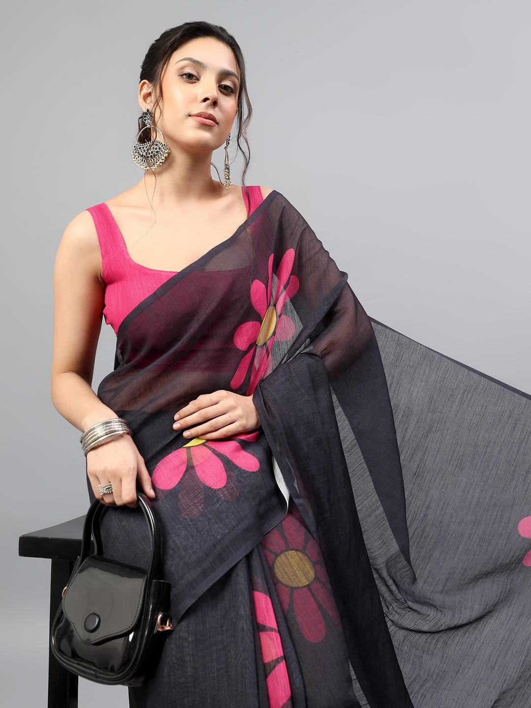 Samantha Black Ready To Wear One Minute Linen Fabric Saree With Pre Stitched Pleats And Unstitched Blouse Piece Featuring Silver Zari Border For Women Ethnic Wear