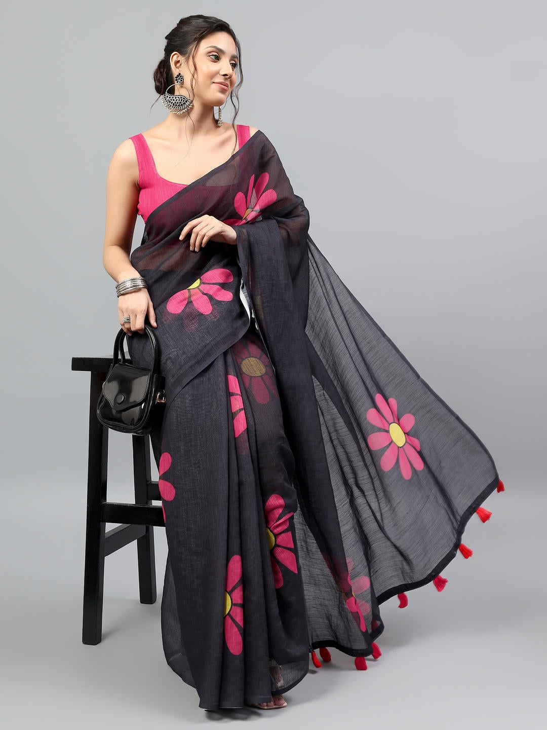Samantha Black Ready To Wear One Minute Linen Fabric Saree With Pre Stitched Pleats And Unstitched Blouse Piece Featuring Silver Zari Border For Women Ethnic Wear