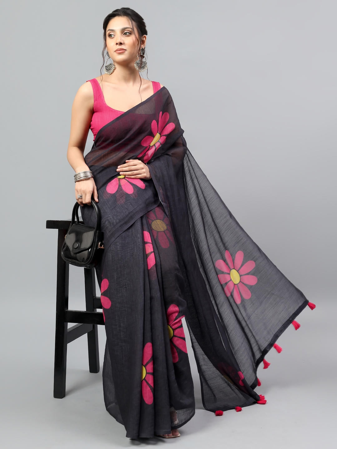 Samantha Black Ready To Wear One Minute Linen Fabric Saree With Pre Stitched Pleats And Unstitched Blouse Piece Featuring Silver Zari Border For Women Ethnic Wear
