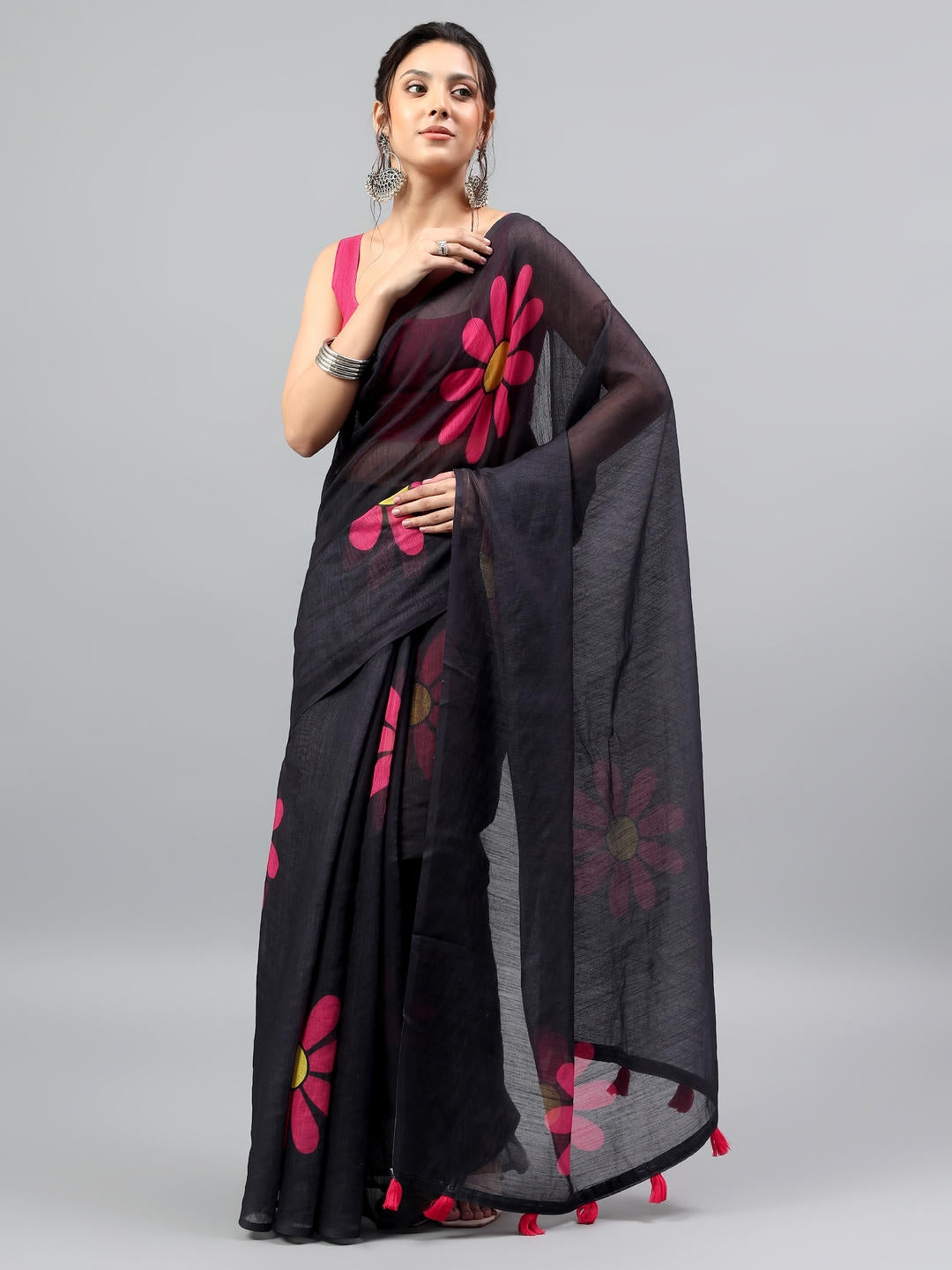 Samantha Black Ready To Wear One Minute Linen Fabric Saree With Pre Stitched Pleats And Unstitched Blouse Piece Featuring Silver Zari Border For Women Ethnic Wear