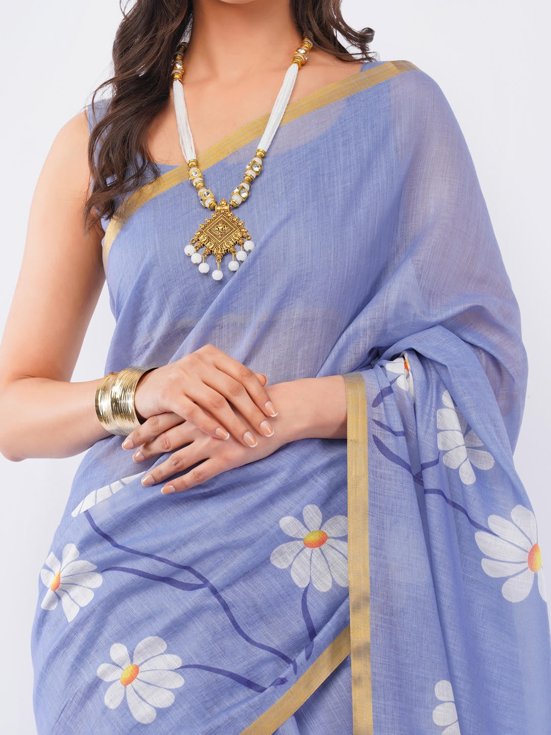 Samantha Blueberry Ready To Wear One Minute Linen Fabric Saree With Pre Stitched Pleats And Unstitched Blouse Piece Featuring Gold Zari Border For Women Ethnic Wear