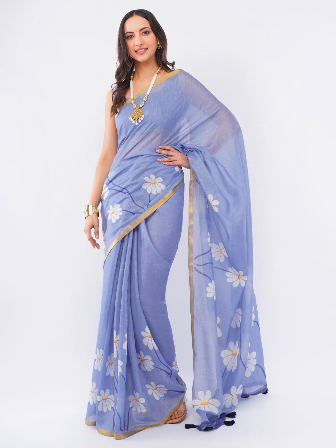 Samantha Blueberry Ready To Wear One Minute Linen Fabric Saree With Pre Stitched Pleats And Unstitched Blouse Piece Featuring Gold Zari Border For Women Ethnic Wear