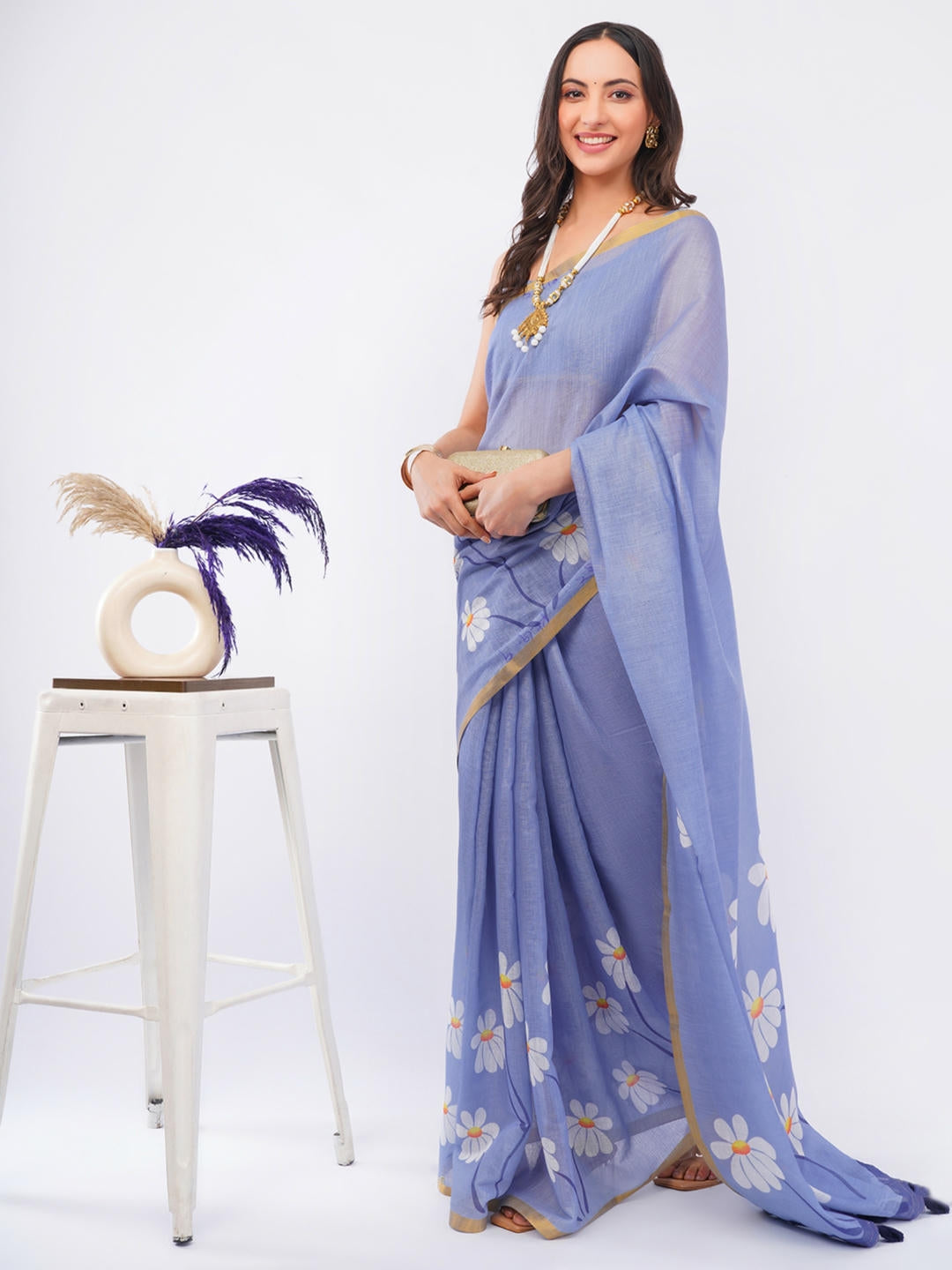 Samantha Blueberry Ready To Wear One Minute Linen Fabric Saree With Pre Stitched Pleats And Unstitched Blouse Piece Featuring Gold Zari Border For Women Ethnic Wear