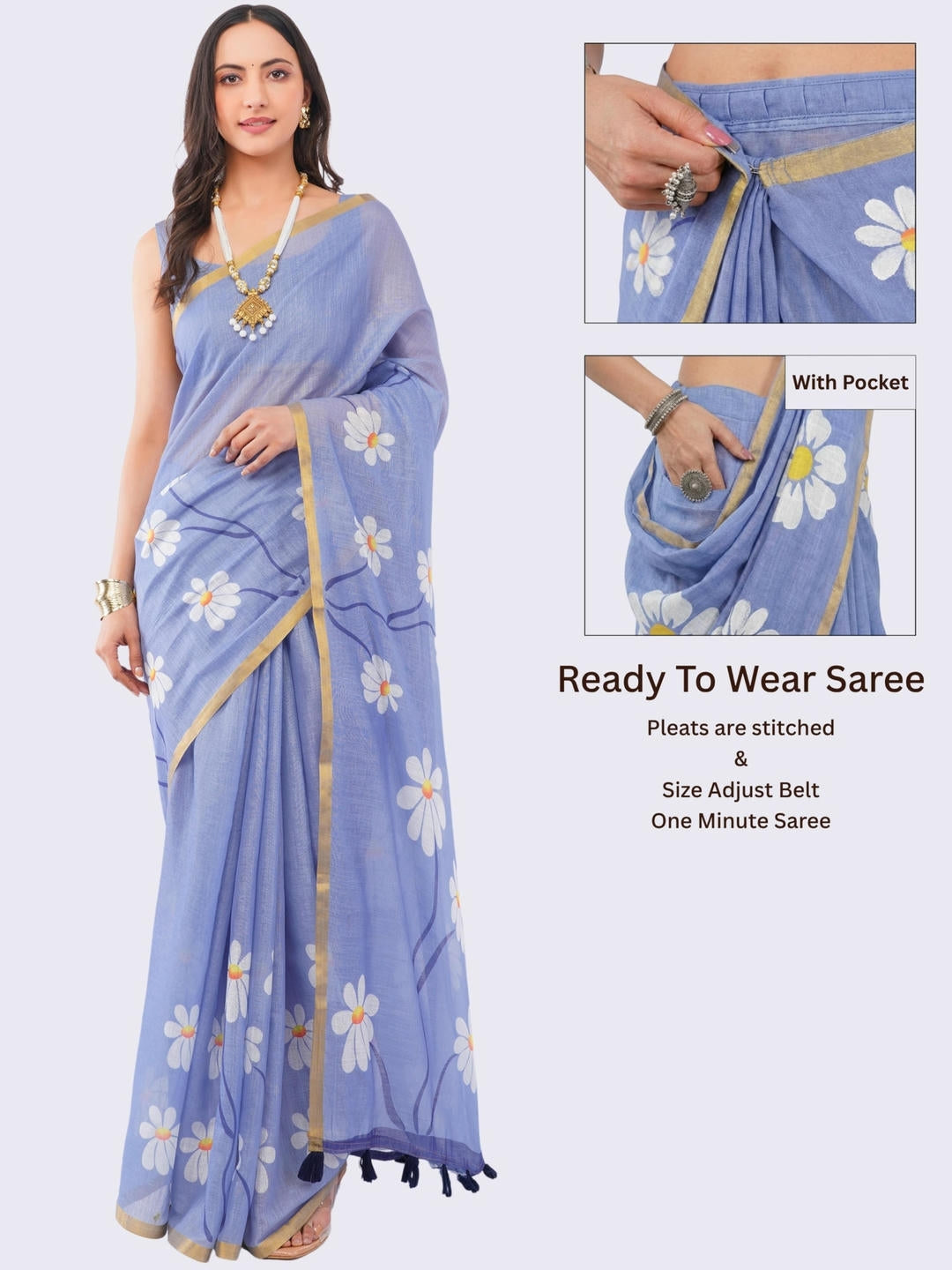 Beautiful woman styled in a blueberry ready-to-wear one-minute linen saree featuring pre-stitched pleats, a heavy gold zari border, and a matching blueberry blouse by Samantha.