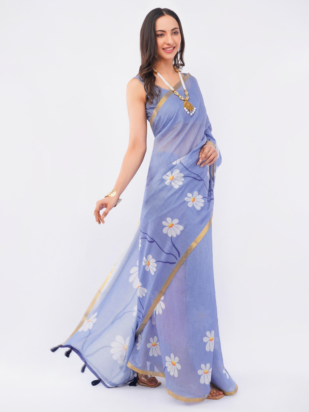 Samantha Blueberry Ready To Wear One Minute Linen Fabric Saree With Pre Stitched Pleats And Unstitched Blouse Piece Featuring Gold Zari Border For Women Ethnic Wear
