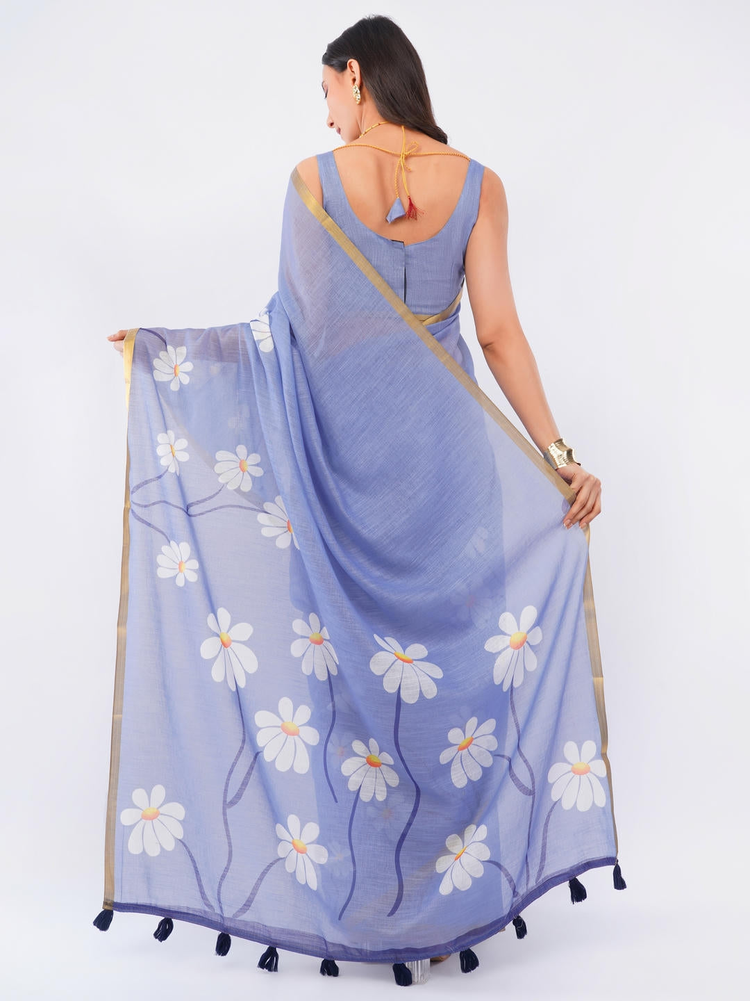 Samantha Blueberry Ready To Wear One Minute Linen Fabric Saree With Pre Stitched Pleats And Unstitched Blouse Piece Featuring Gold Zari Border For Women Ethnic Wear