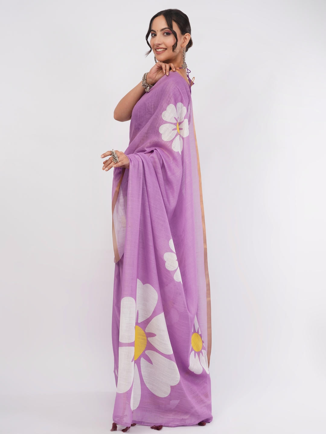 Samantha Purple Ready To Wear One Minute Linen Fabric Saree With Pre Stitched Pleats And Unstitched Blouse Piece Featuring Gold Zari Border For Women Ethnic Wear