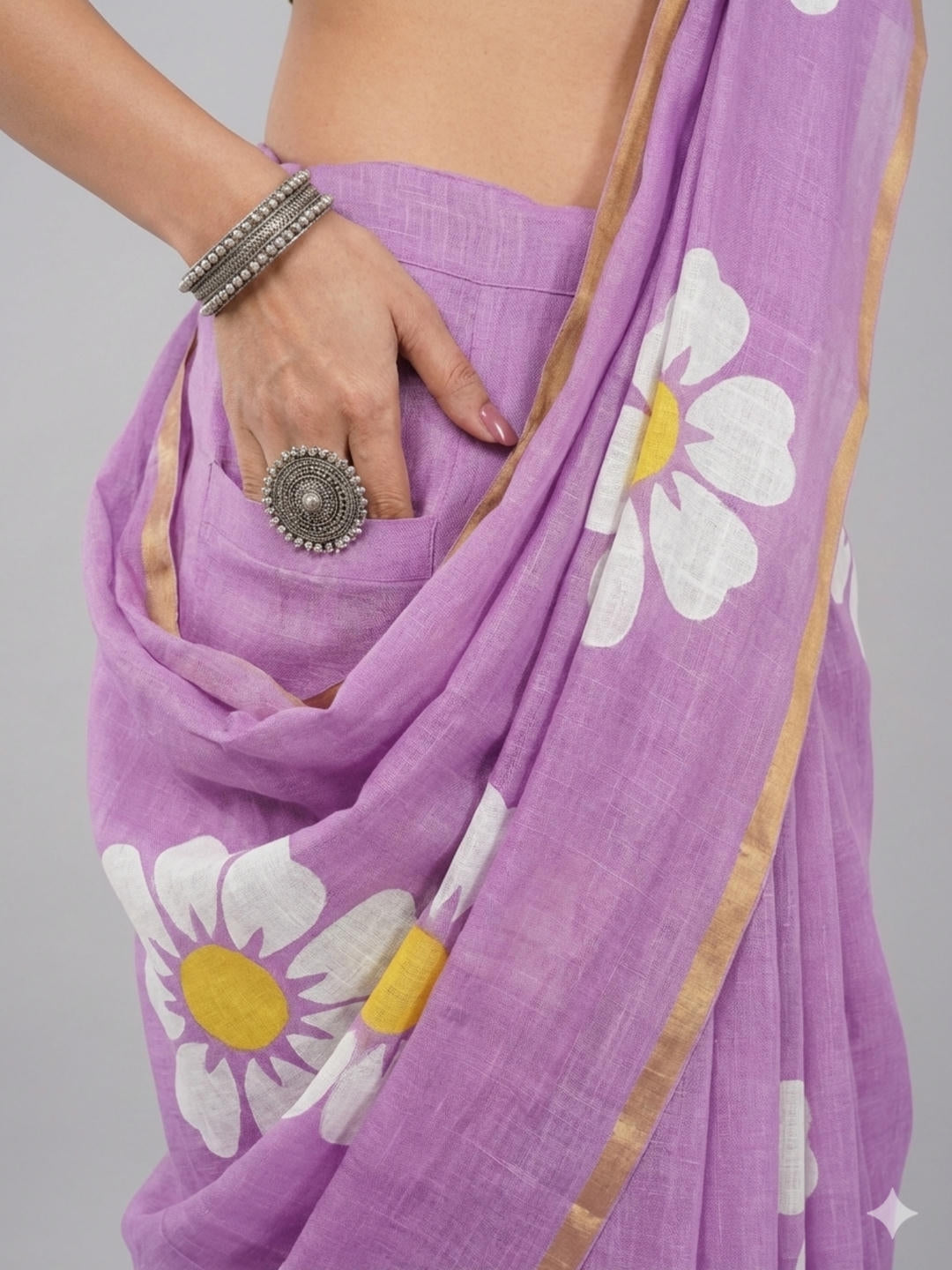 Samantha Purple Ready To Wear One Minute Linen Fabric Saree With Pre Stitched Pleats And Unstitched Blouse Piece Featuring Gold Zari Border For Women Ethnic Wear
