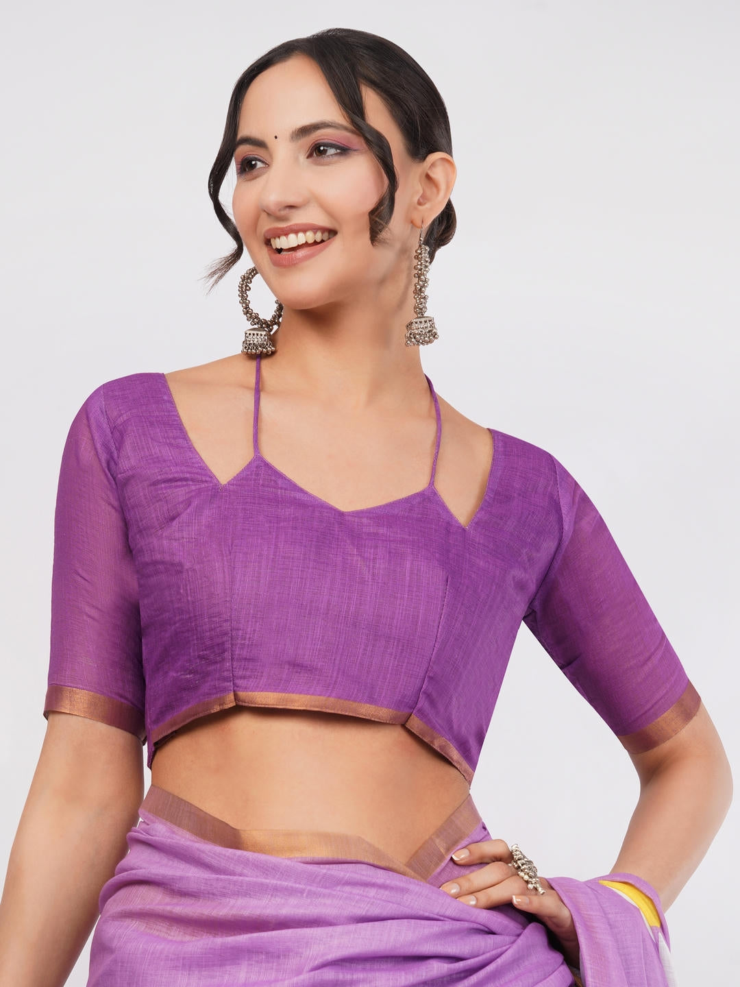 Samantha Purple Ready To Wear One Minute Linen Fabric Saree With Pre Stitched Pleats And Unstitched Blouse Piece Featuring Gold Zari Border For Women Ethnic Wear