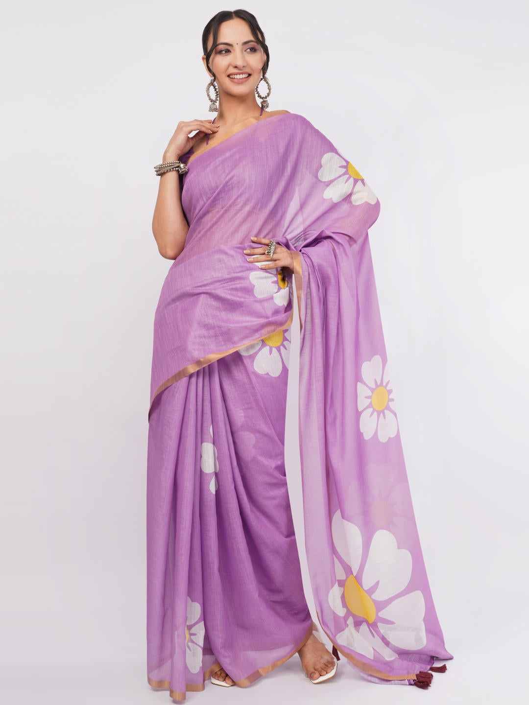 Samantha Purple Ready To Wear One Minute Linen Fabric Saree With Pre Stitched Pleats And Unstitched Blouse Piece Featuring Gold Zari Border For Women Ethnic Wear