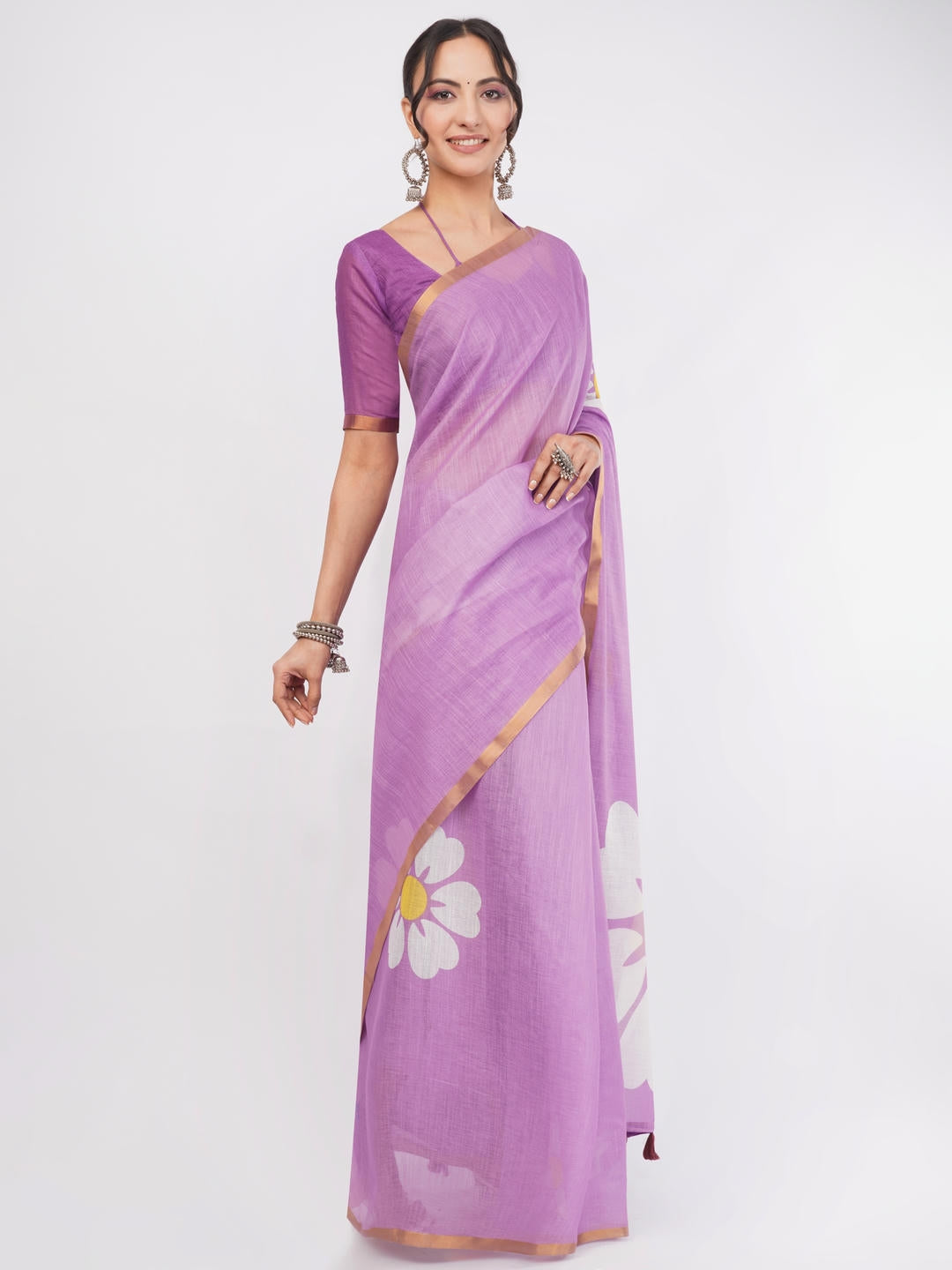 Samantha Purple Ready To Wear One Minute Linen Fabric Saree With Pre Stitched Pleats And Unstitched Blouse Piece Featuring Gold Zari Border For Women Ethnic Wear