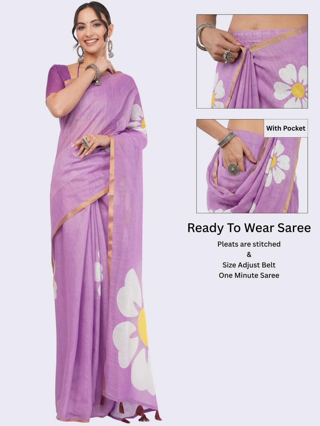 Beautiful woman styled in a deep purple ready-to-wear one-minute linen saree featuring pre-stitched pleats, a heavy gold zari border, and a matching purple blouse by Samantha.