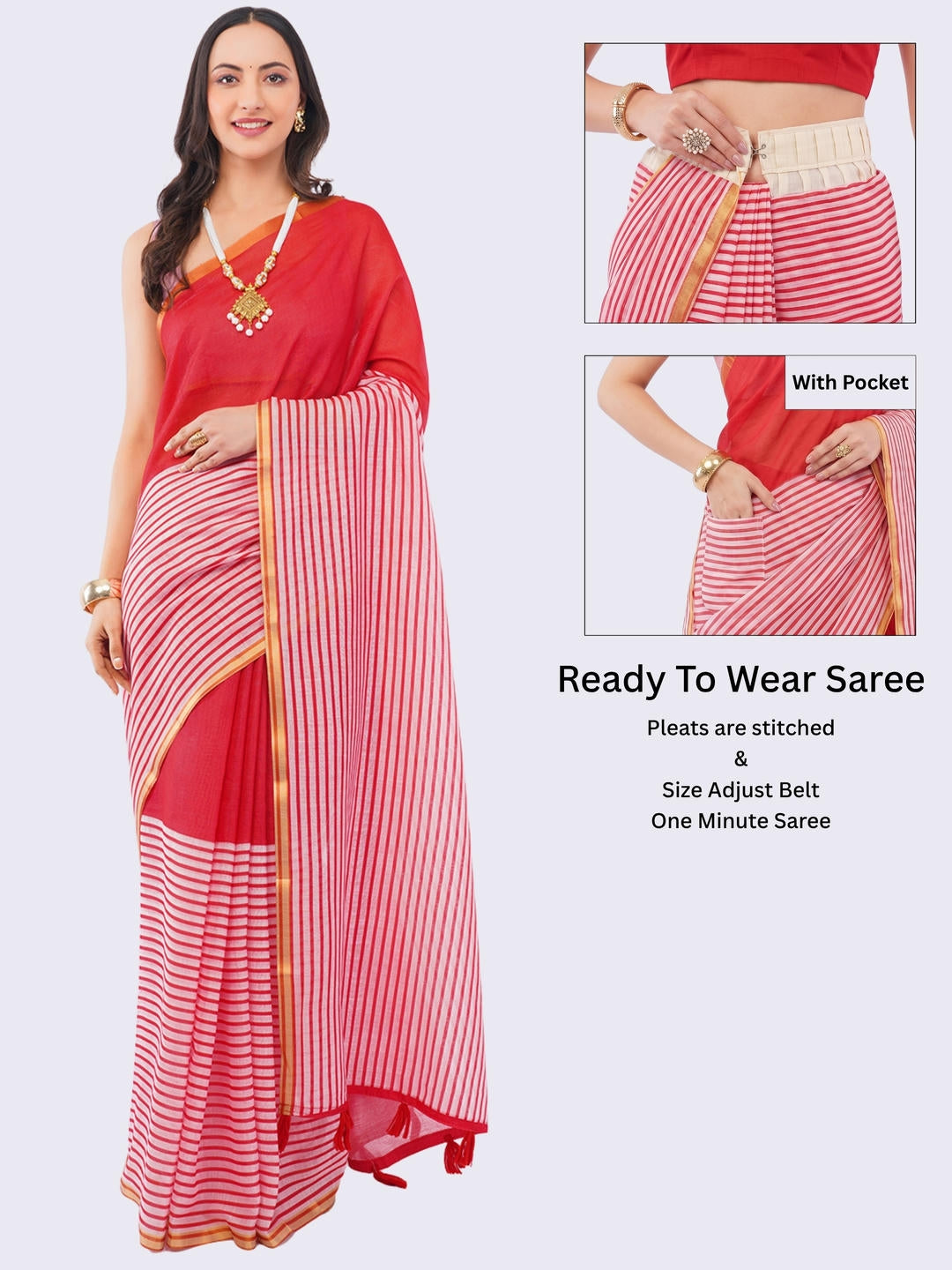 Beautiful woman styled in a bright red ready-to-wear one-minute linen saree featuring pre-stitched pleats, a heavy gold zari border, and a matching red blouse by Samantha.