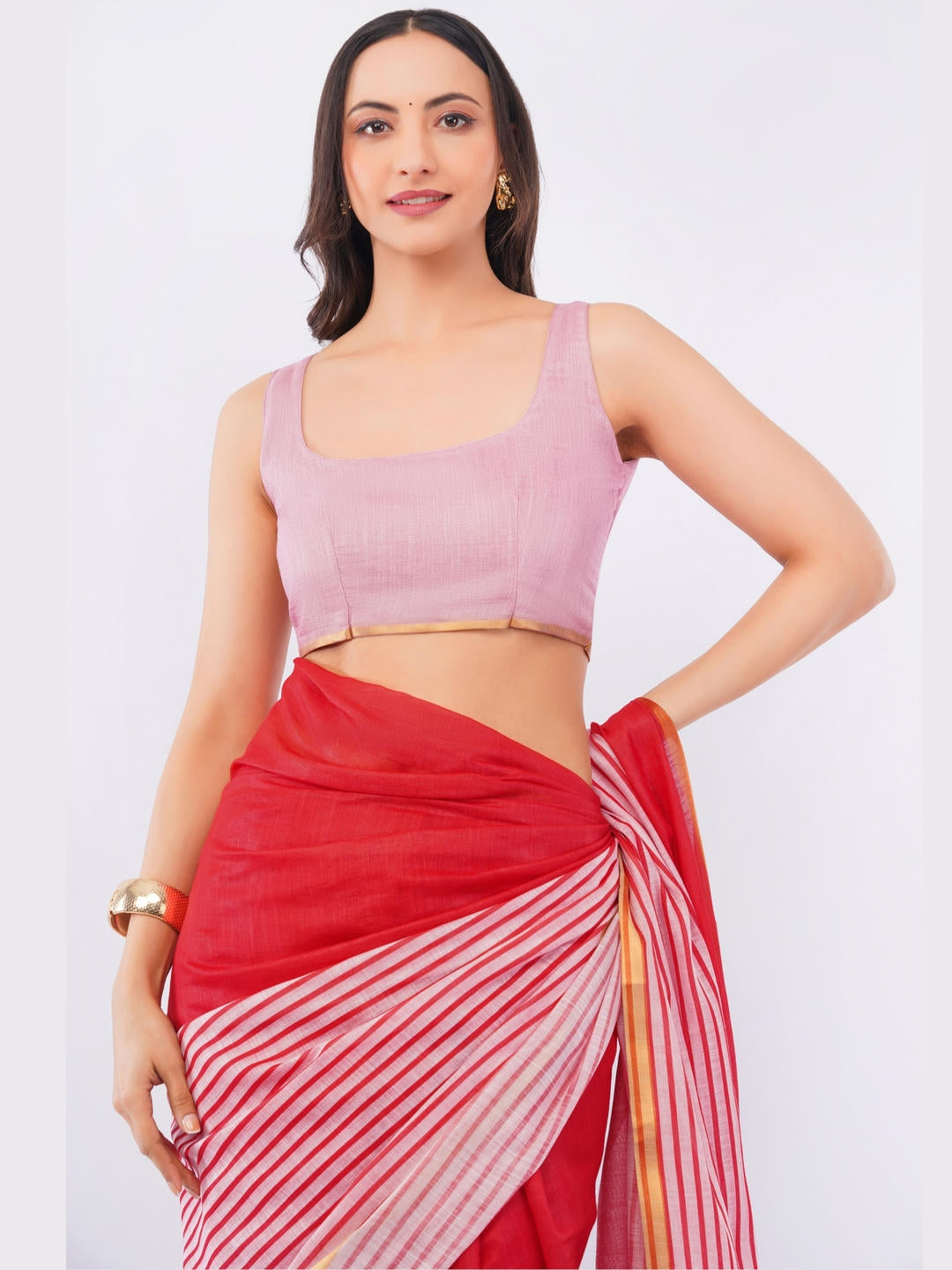 Samantha Red Ready To Wear One Minute Linen Fabric Saree With Pre Stitched Pleats And Unstitched Blouse Piece Featuring Gold Zari Border For Women Ethnic Wear