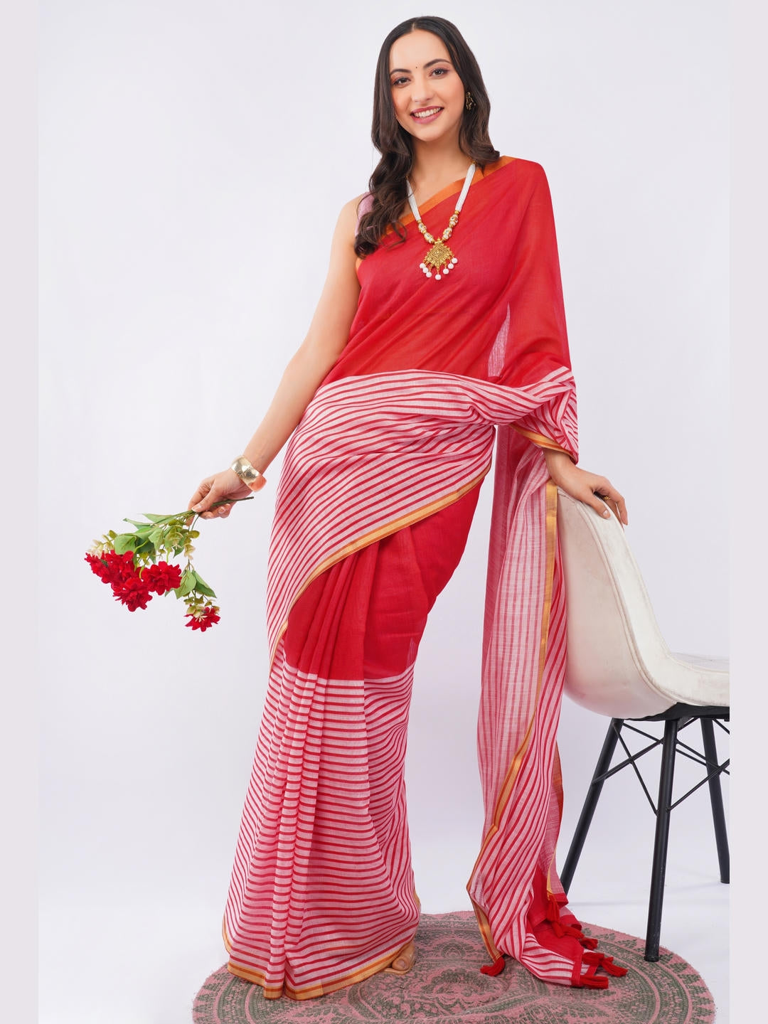 Samantha Red Ready To Wear One Minute Linen Fabric Saree With Pre Stitched Pleats And Unstitched Blouse Piece Featuring Gold Zari Border For Women Ethnic Wear