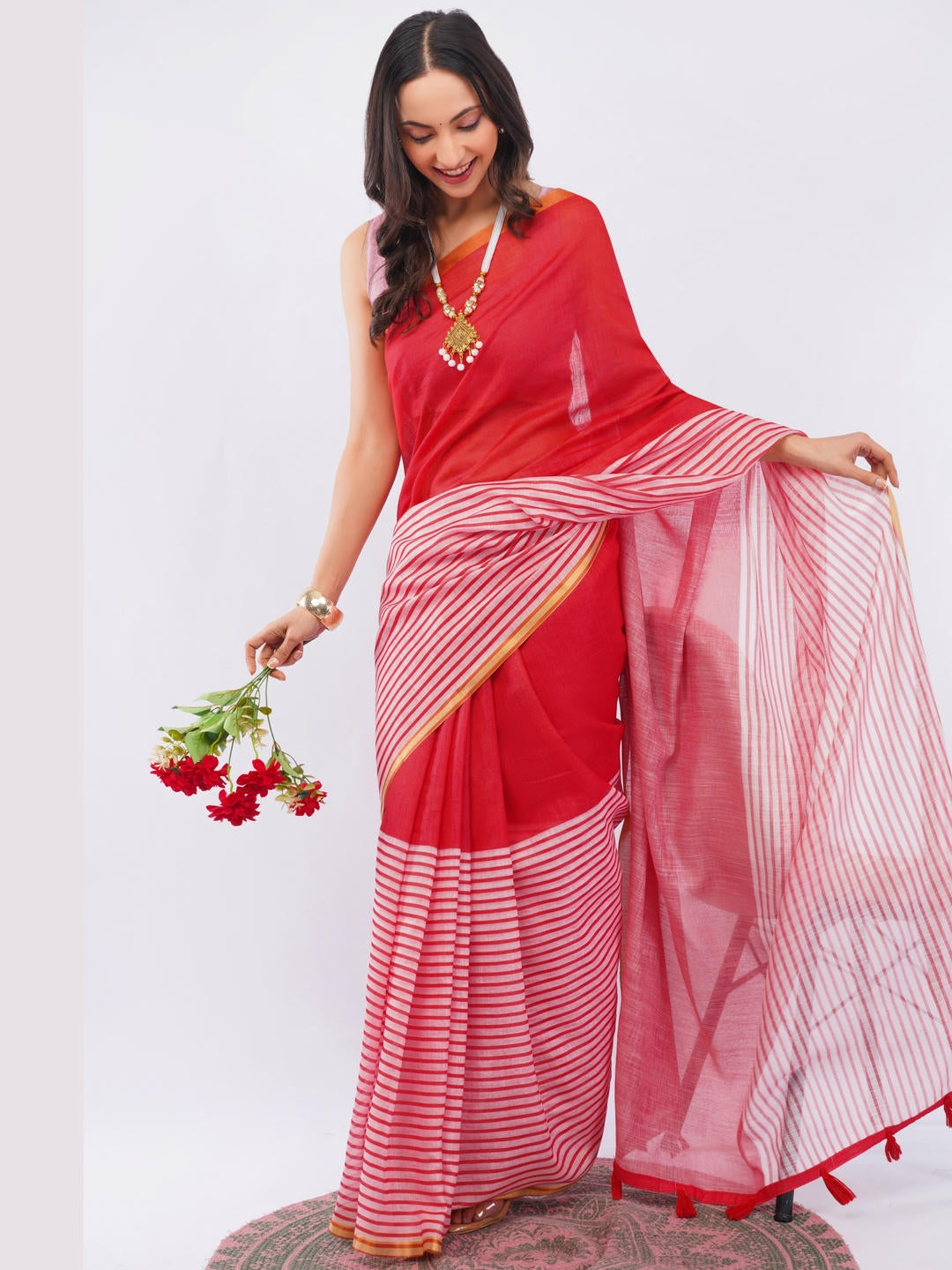 Samantha Red Ready To Wear One Minute Linen Fabric Saree With Pre Stitched Pleats And Unstitched Blouse Piece Featuring Gold Zari Border For Women Ethnic Wear