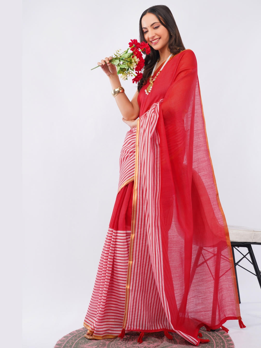 Samantha Red Ready To Wear One Minute Linen Fabric Saree With Pre Stitched Pleats And Unstitched Blouse Piece Featuring Gold Zari Border For Women Ethnic Wear