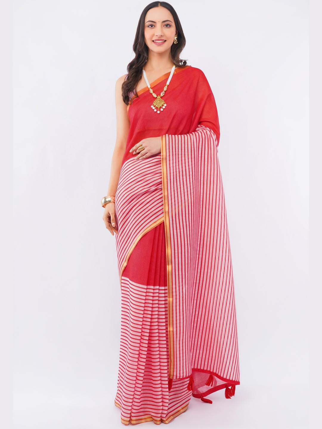 Samantha Red Ready To Wear One Minute Linen Fabric Saree With Pre Stitched Pleats And Unstitched Blouse Piece Featuring Gold Zari Border For Women Ethnic Wear