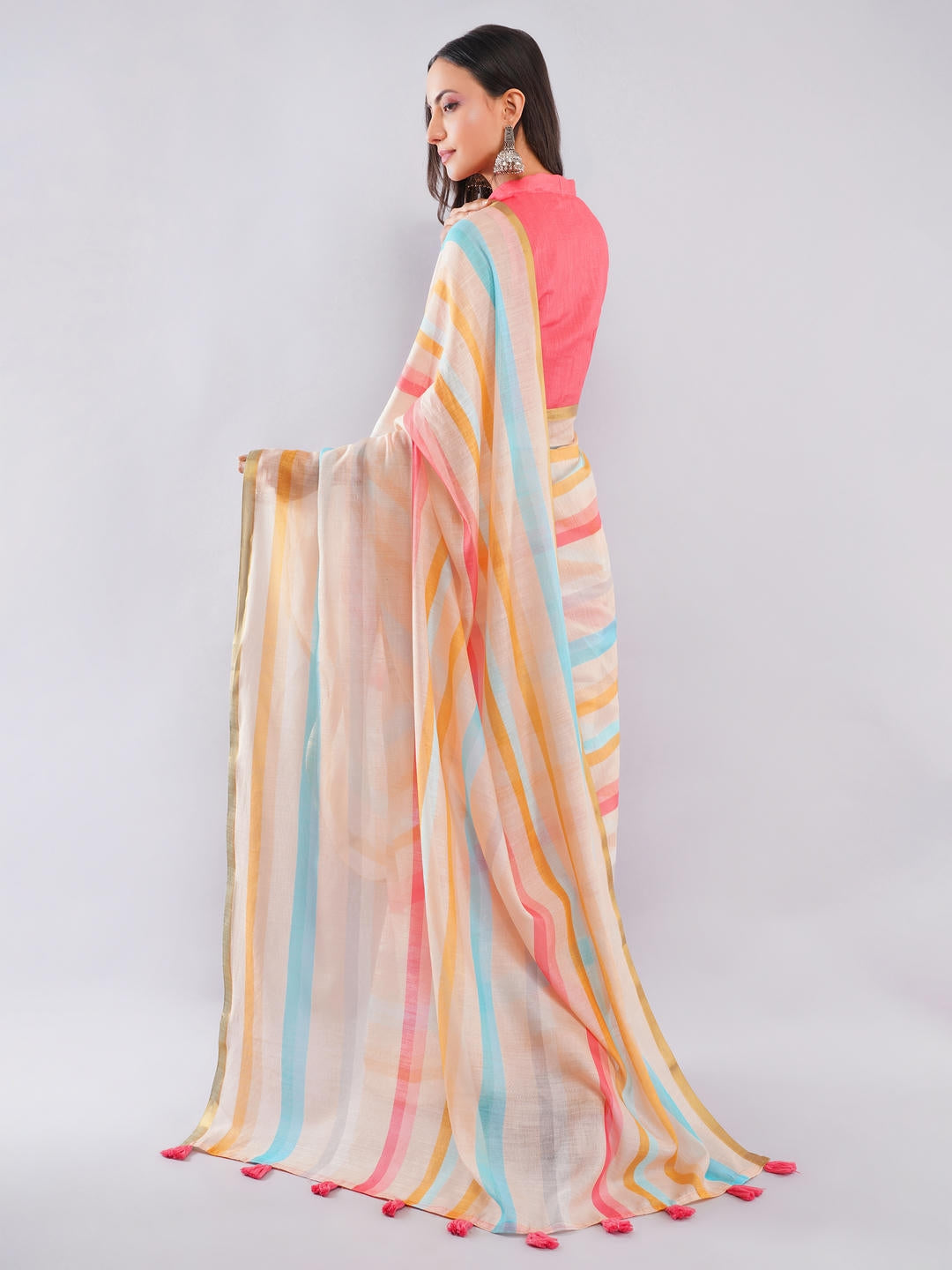 Samantha Pink And Yellow Multicolor Ready To Wear One Minute Linen Fabric Saree With Pre Stitched Pleats And Unstitched Pink Blouse Piece Featuring Gold Zari Border For Women Ethnic Wear