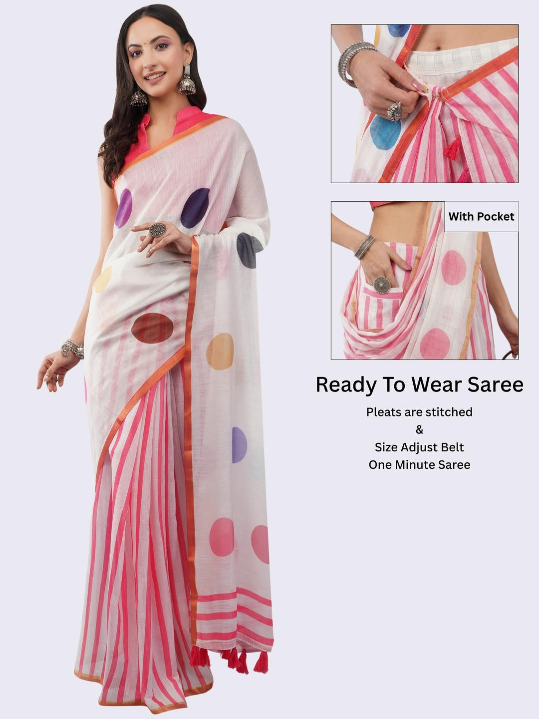 Beautiful woman styled in an elegant off-white ready-to-wear one-minute linen saree featuring pre-stitched pleats, a heavy gold zari border, and a matching off-white blouse by Samantha.