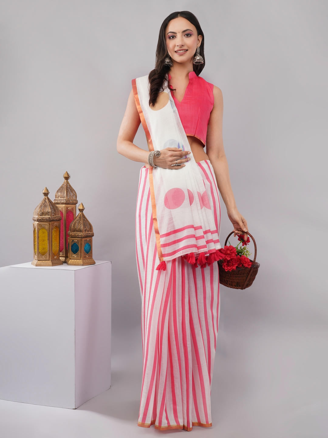 Samantha Off White Ready To Wear One Minute Linen Fabric Saree With Pre Stitched Pleats And Unstitched Blouse Piece Featuring Gold Zari Border For Women Ethnic Wear